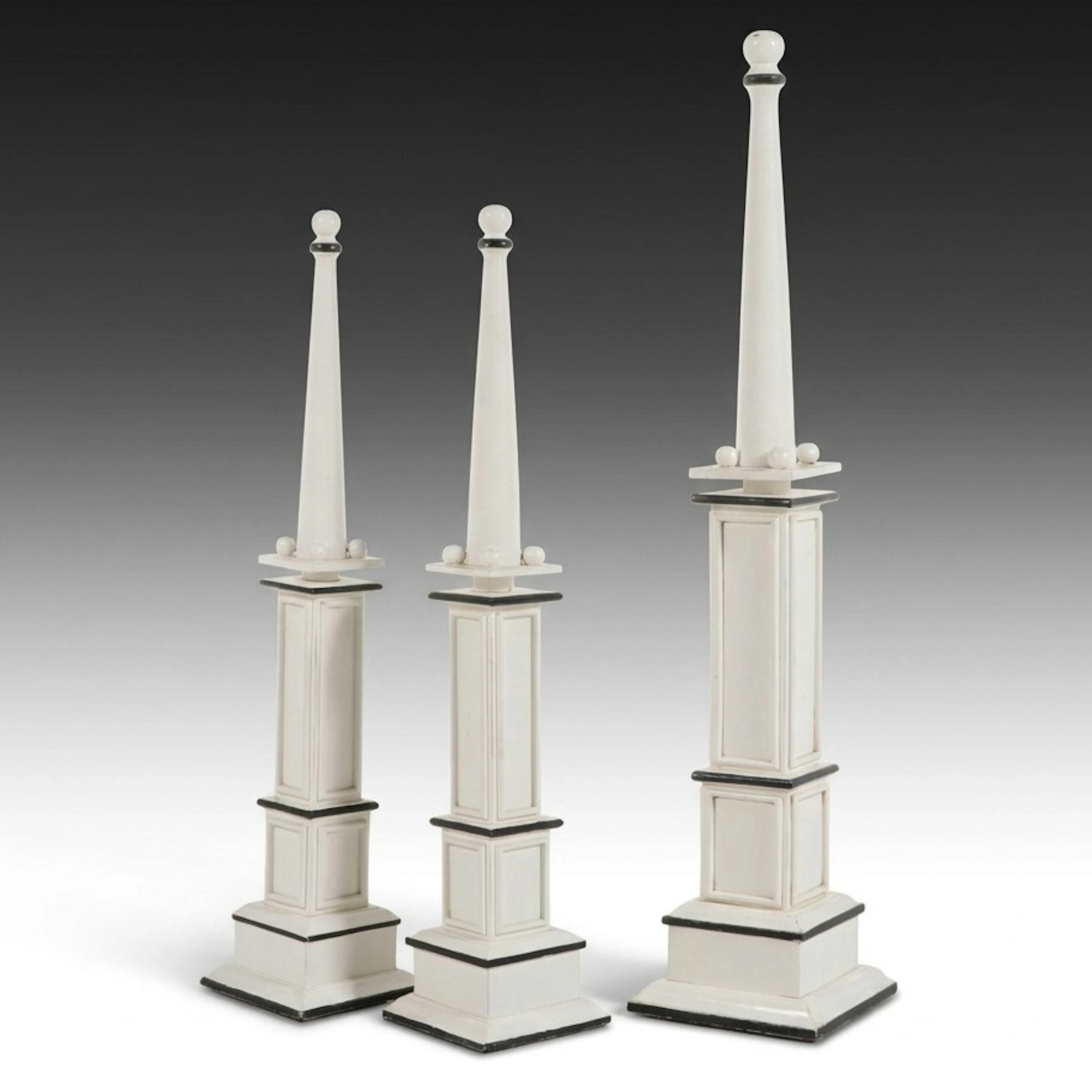 Set of Three Painted Wooden Architectural Obelisk Sculptures, Late 20th Century