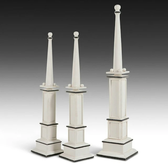 Set of Three Painted Wooden Architectural Obelisk Sculptures, Late 20th Century