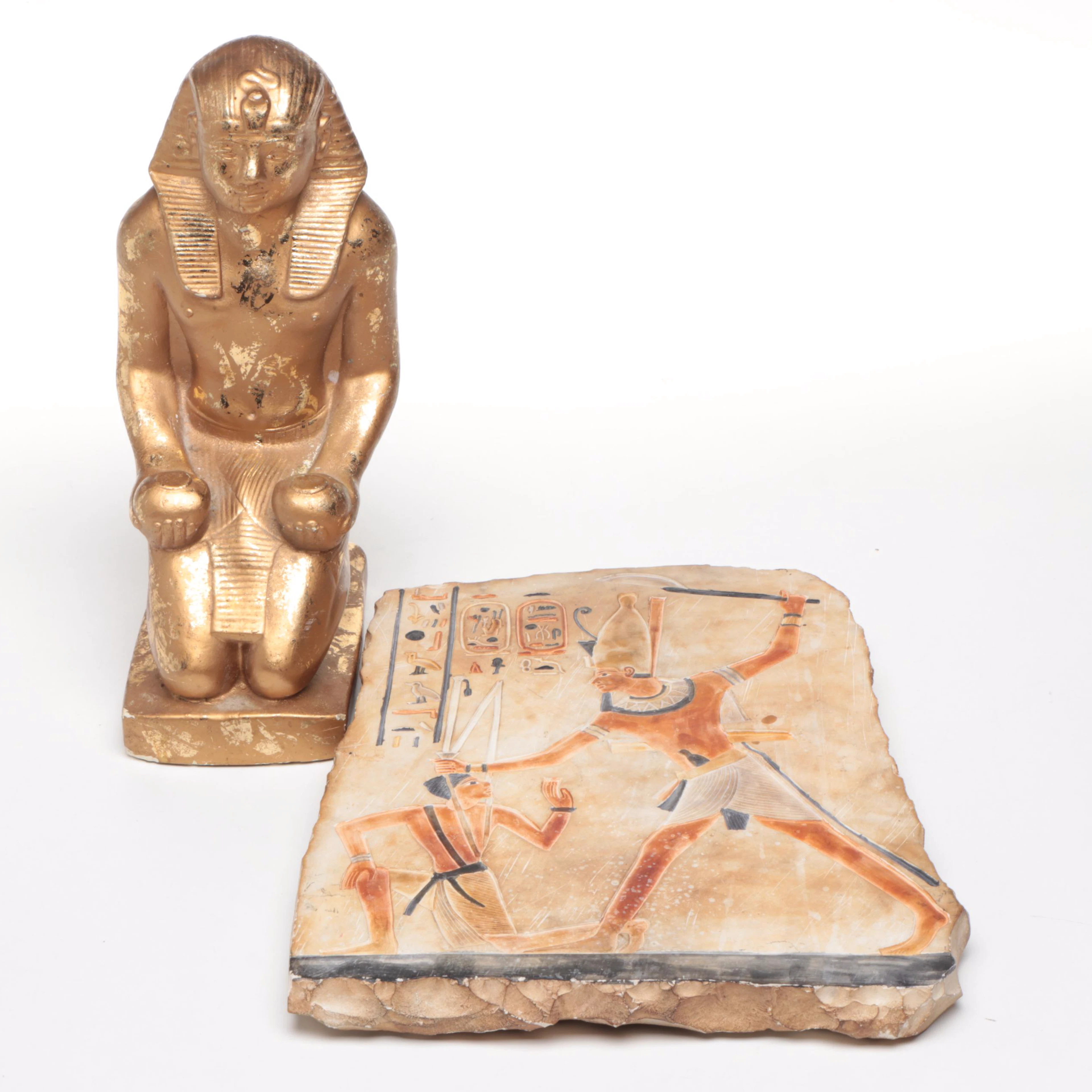 Carved Stone Replica of the Palette of Narmer with Ceramic Statue of Hatshepsut