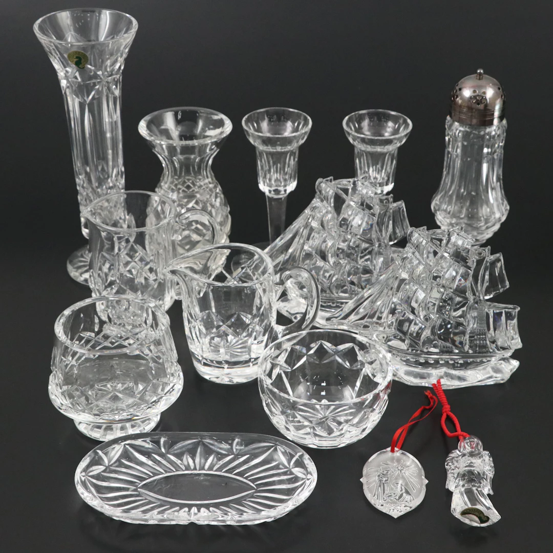 Waterford "Tall Ship" Crystal Figurines with Waterford Crystal Table