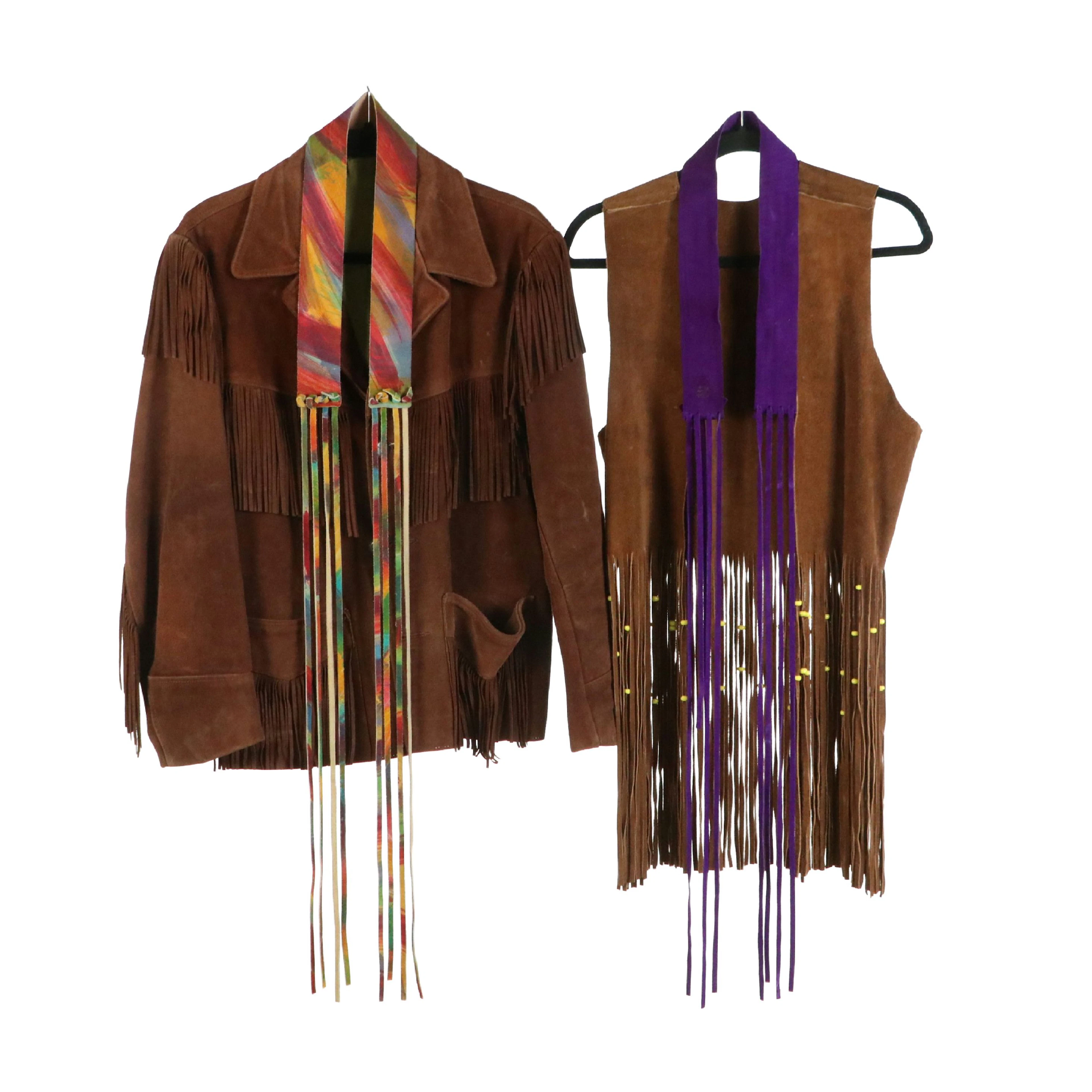Western Style Fringe Jacket and Vest with Multicolored Belts in Leather/Suede
