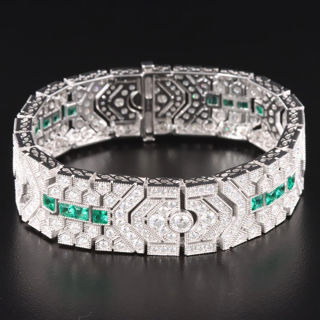 Art Deco Style Sterling Emerald and Moissanite Bracelet