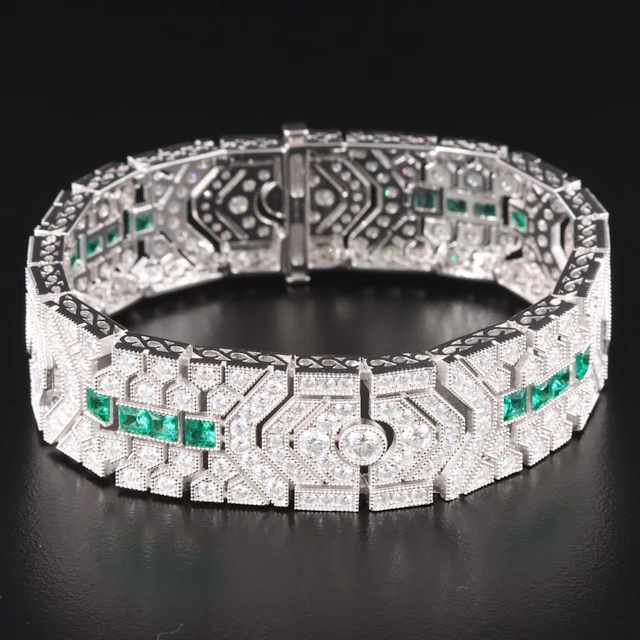 Art Deco Style Sterling Emerald and Moissanite Bracelet