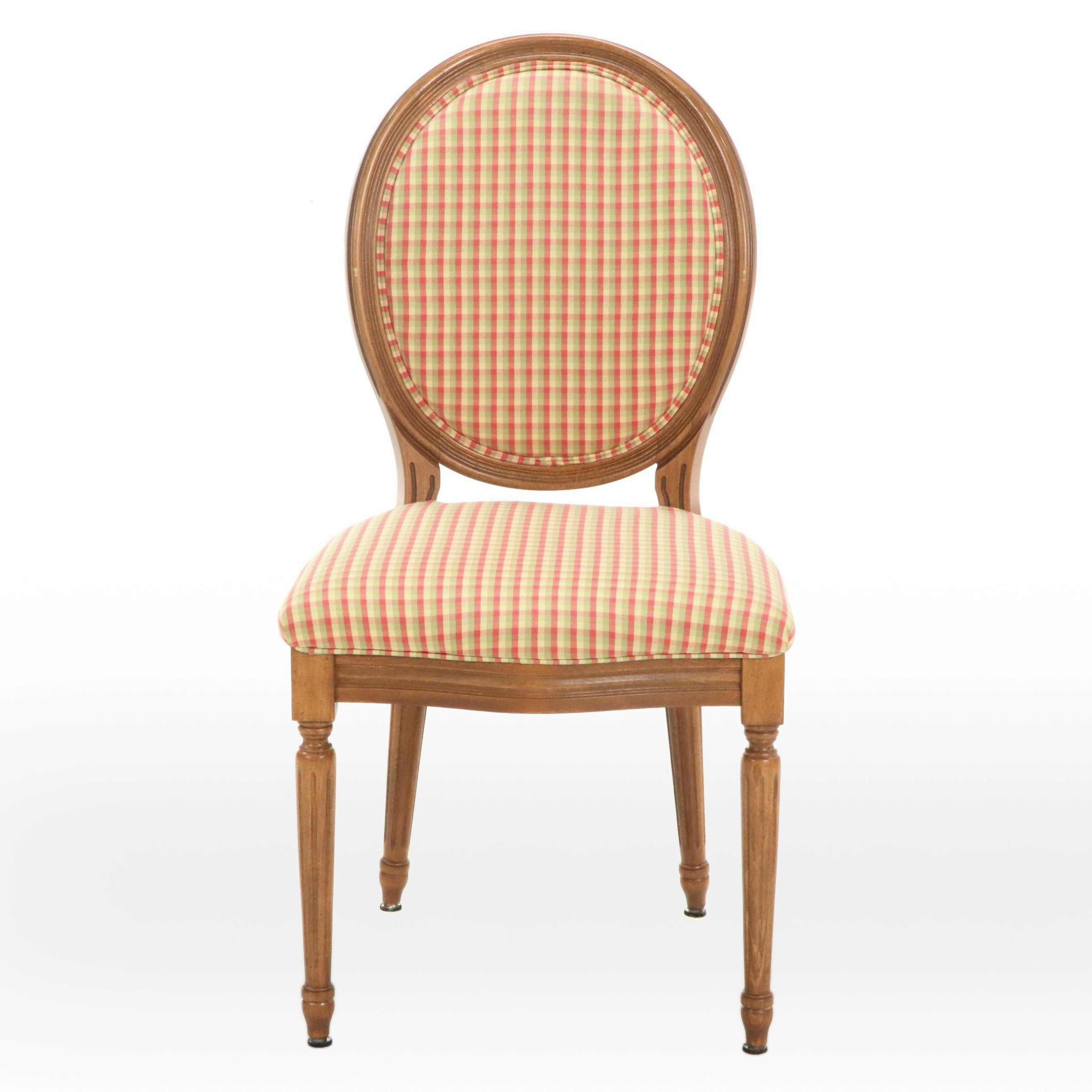 Louis XV Style Plaid Fabric Upholstered Carved Wood Side Chair