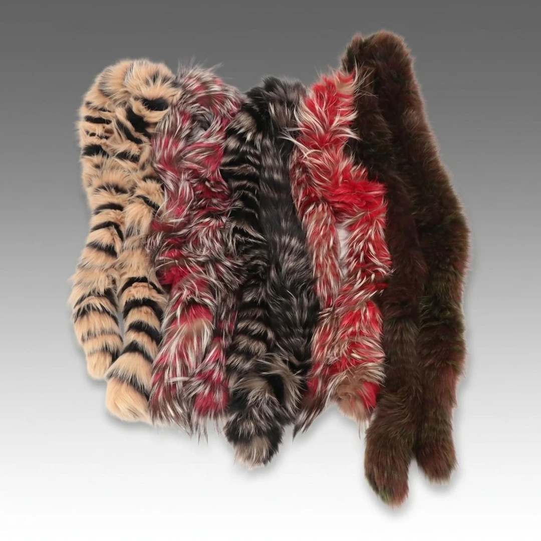 Dyed Fox Fur Narrow Scarves in Pink/Silver, Beige/Grey, Silver/Red & More