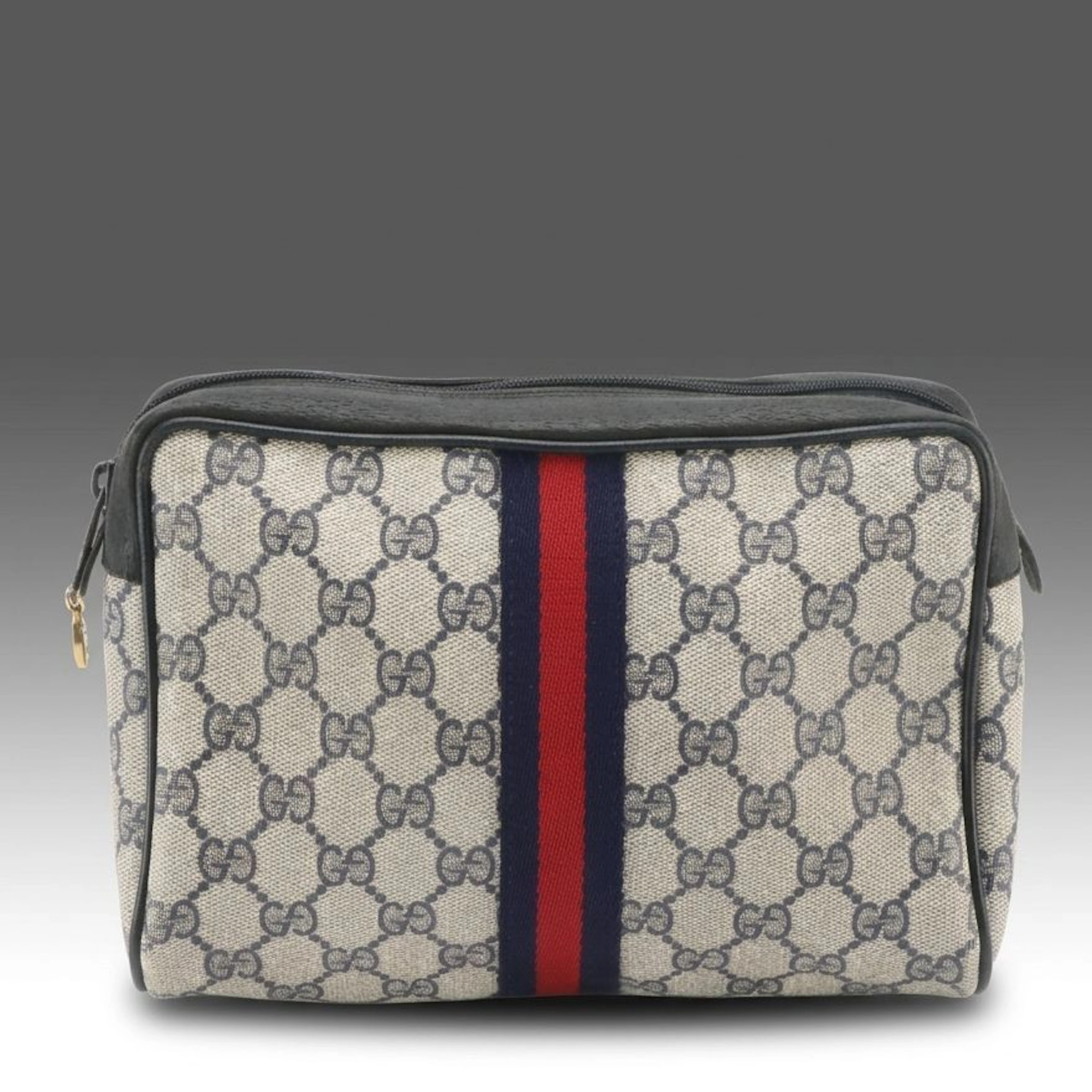 Gucci Zip Pouch in Web Striped Navy Blue GG Supreme Canvas and Leather