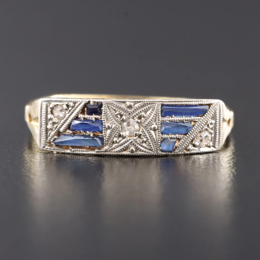 Antique 18K Diamond and Sapphire Ring with Platinum Trim