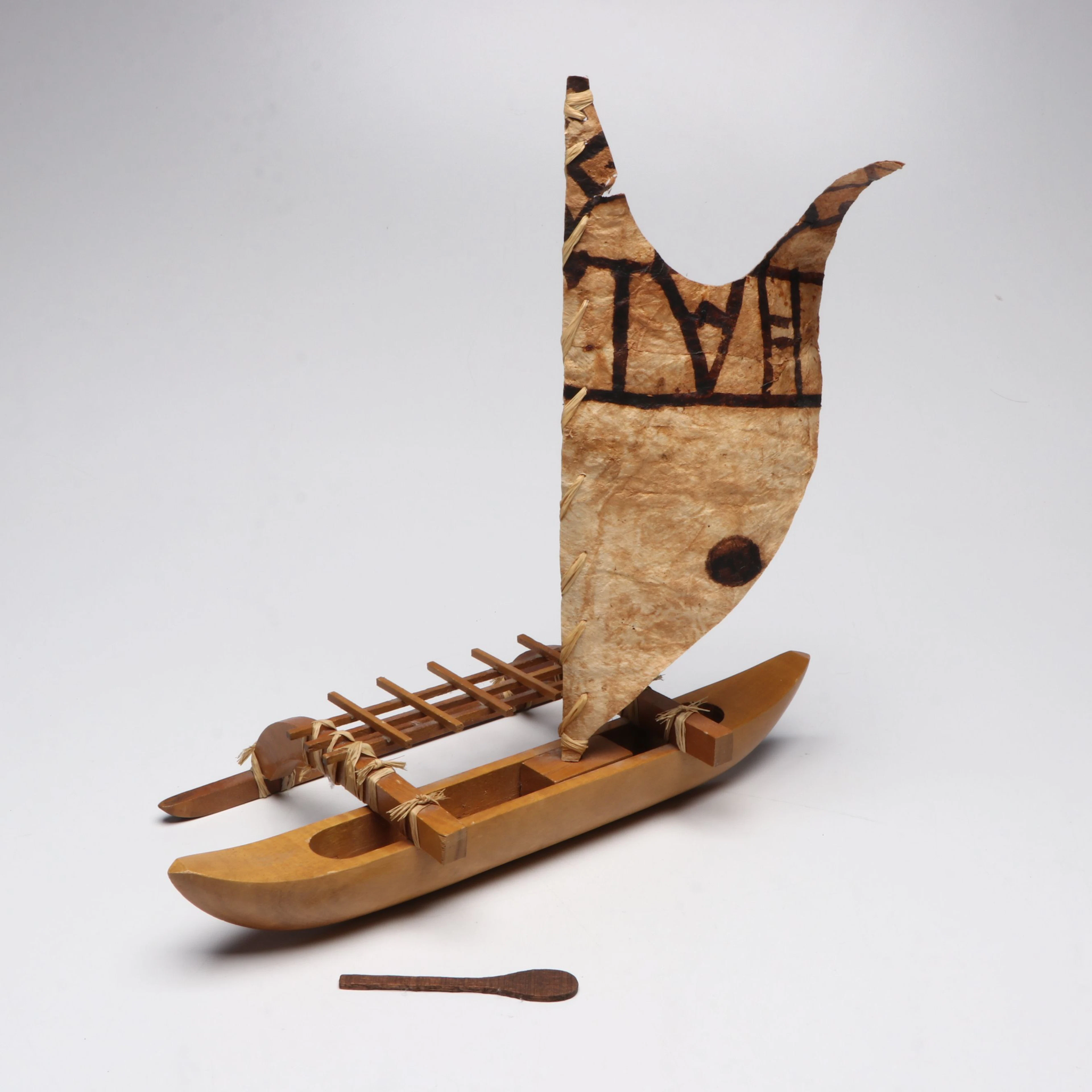 Polynesian Outrigger Koa Wood Souvenir Canoe with Bark Cloth Sail and Paddle
