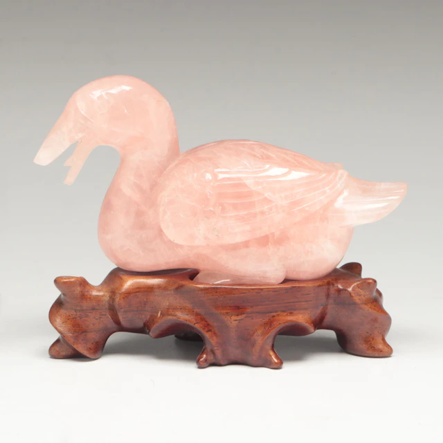 Carved Rose Quartz Goose Figurine on Wooden Base