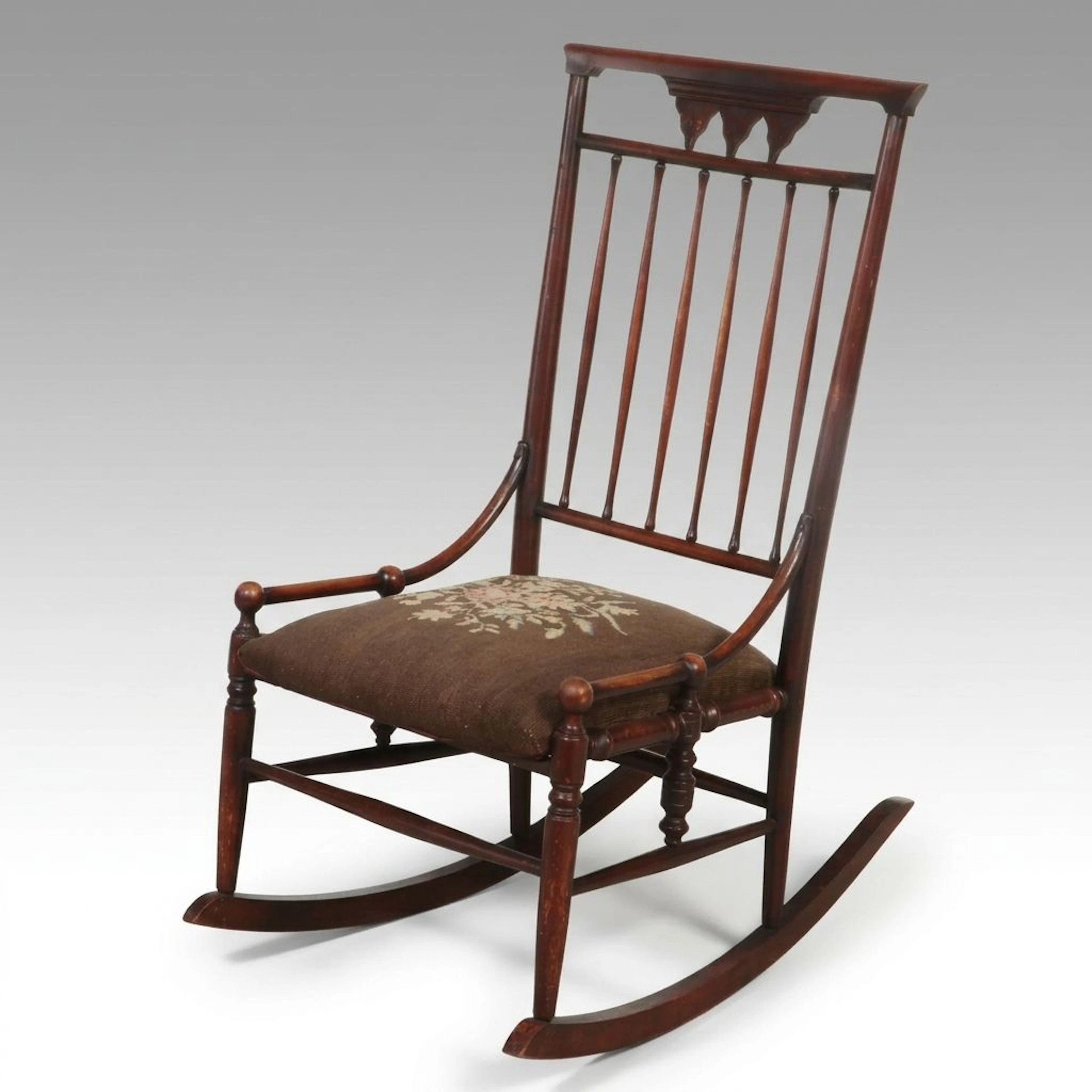Antique Spindle-Back Rocking Chair with Needlepoint Seat