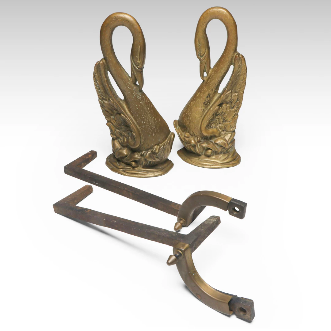 Cast Brass Swan Andirons, 20th Century