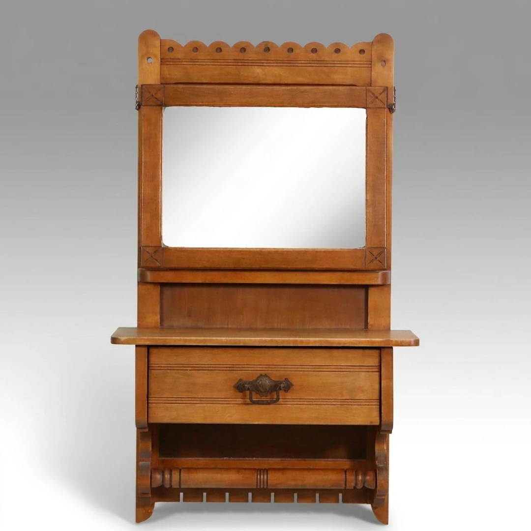 Eastlake Style Wood Wall Mount Shaving Mirror with Drawer and Towel Bar