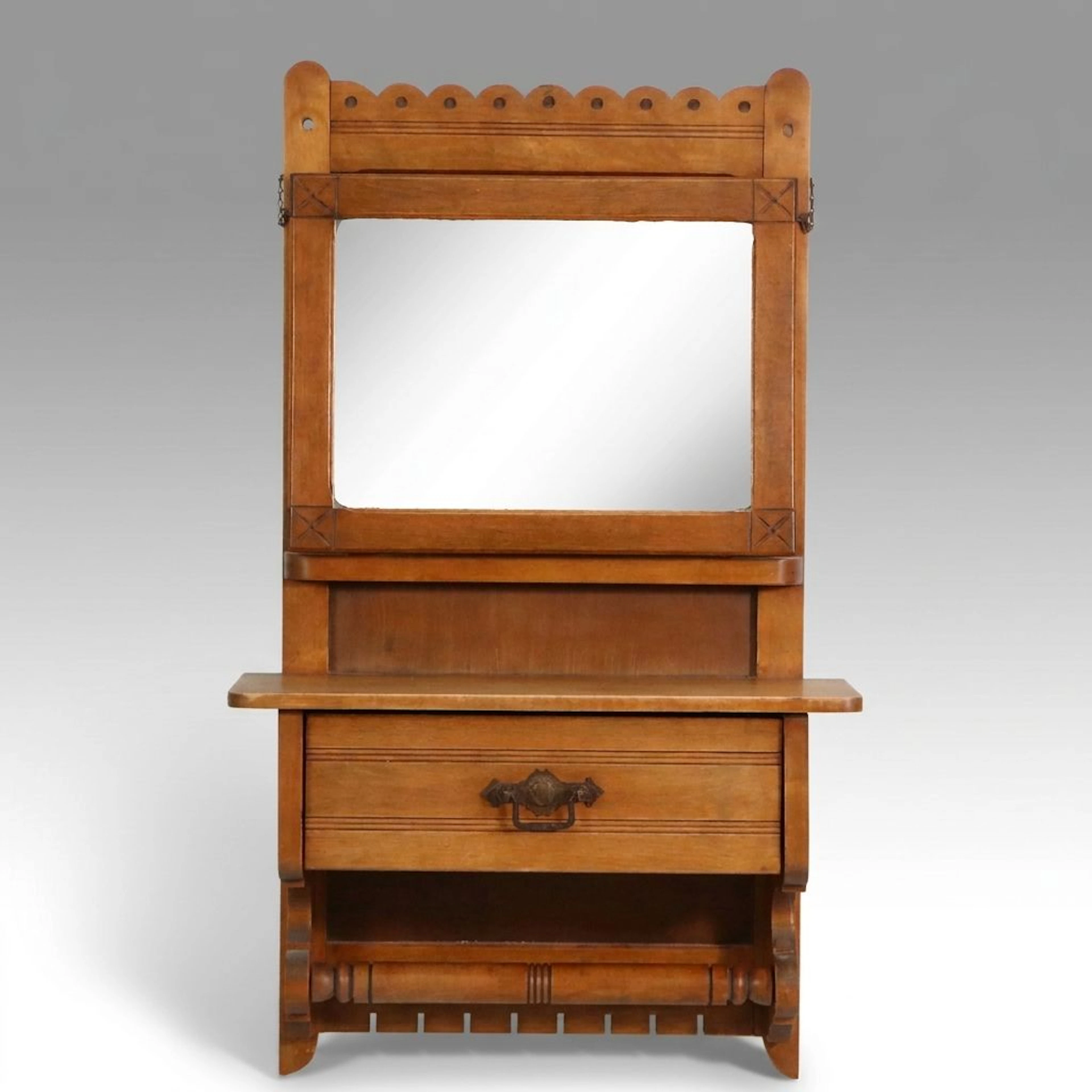 Eastlake Style Wood Wall Mount Shaving Mirror with Drawer and Towel Bar