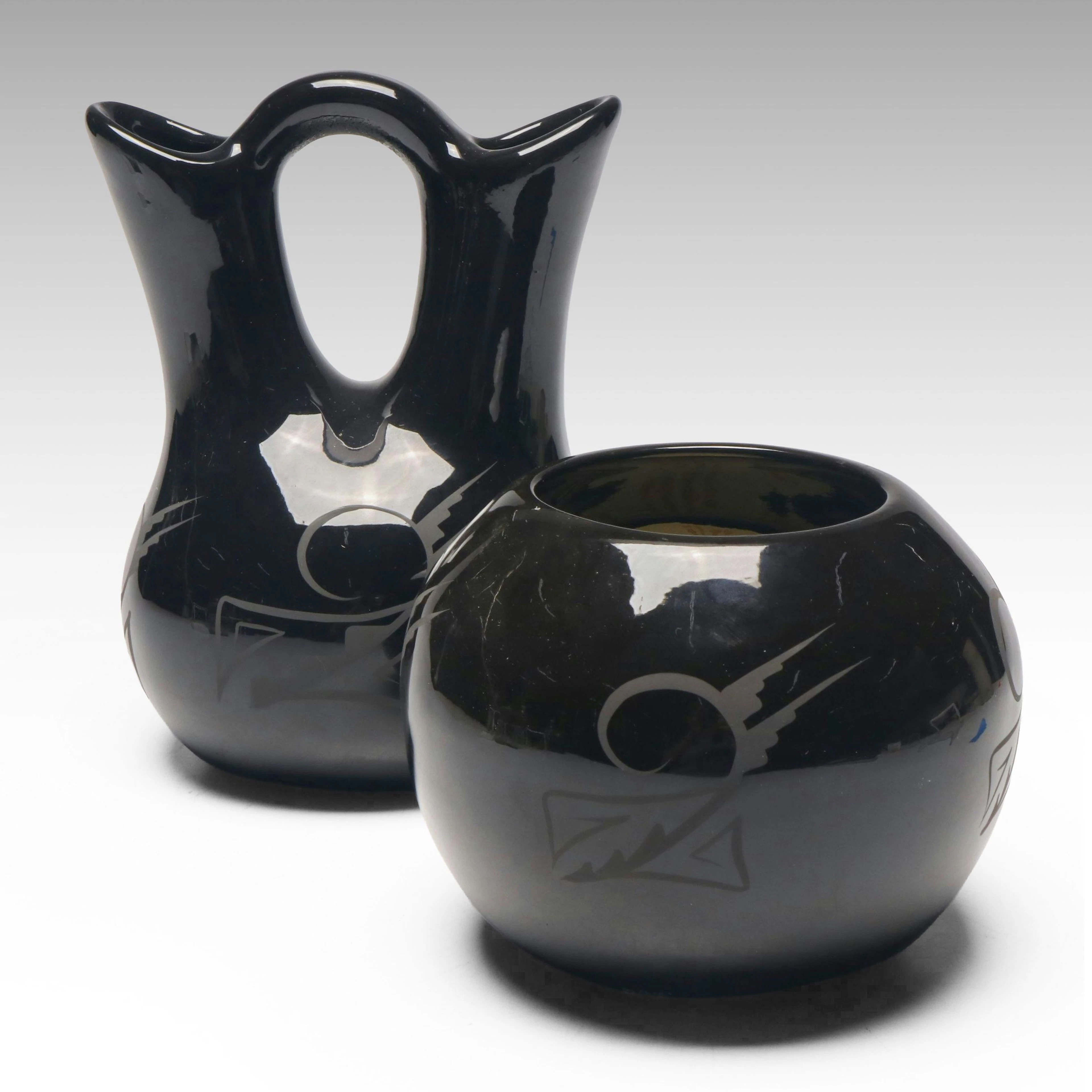 Cedar Mesa Pottery Blackware High Gloss Wedding Vase and Olla