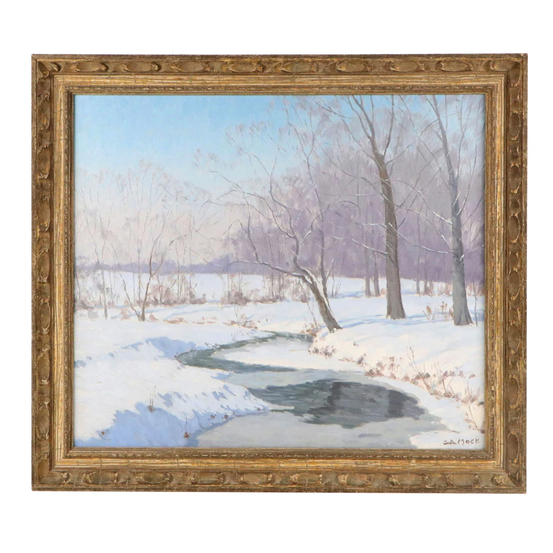 George A. Mock Landscape Oil Painting "Creek in Winter," 1948