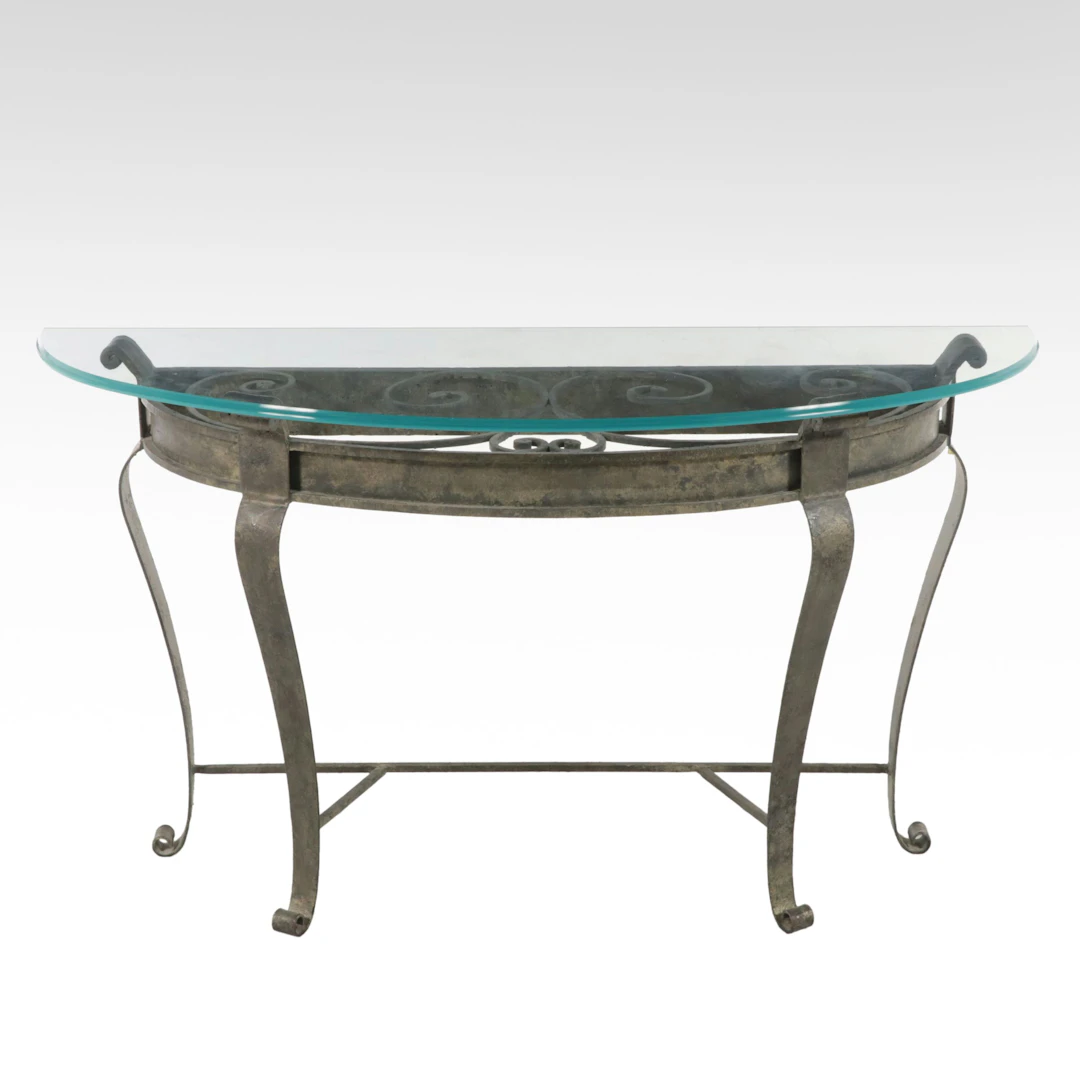 Scrolled Metal Demilune Console Table with Glass Top