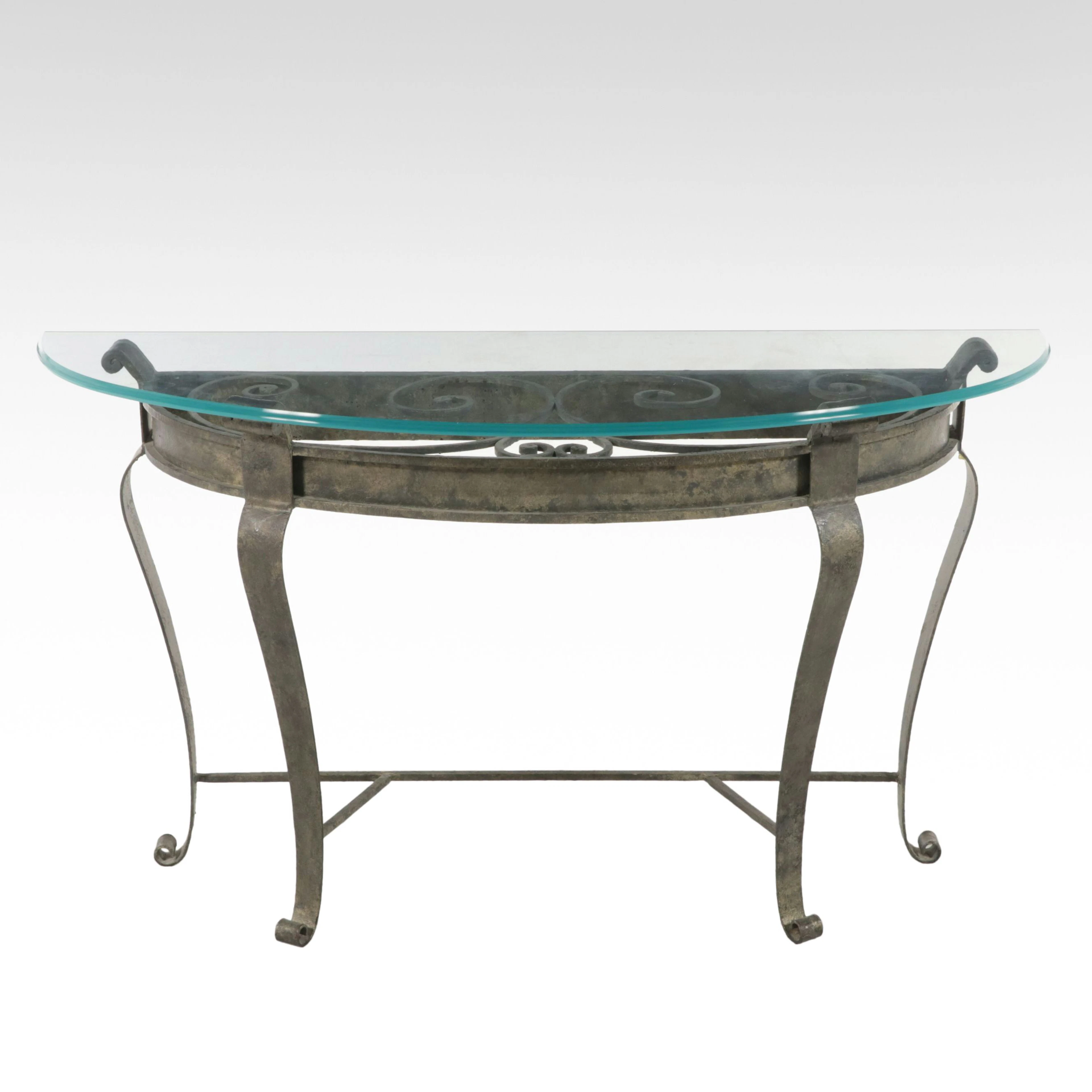 Scrolled Metal Demilune Console Table with Glass Top
