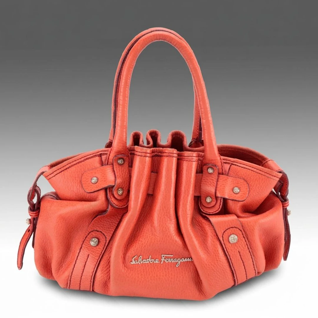 Salvatore Ferragamo Orange Calfskin Grain Leather Tote Bag