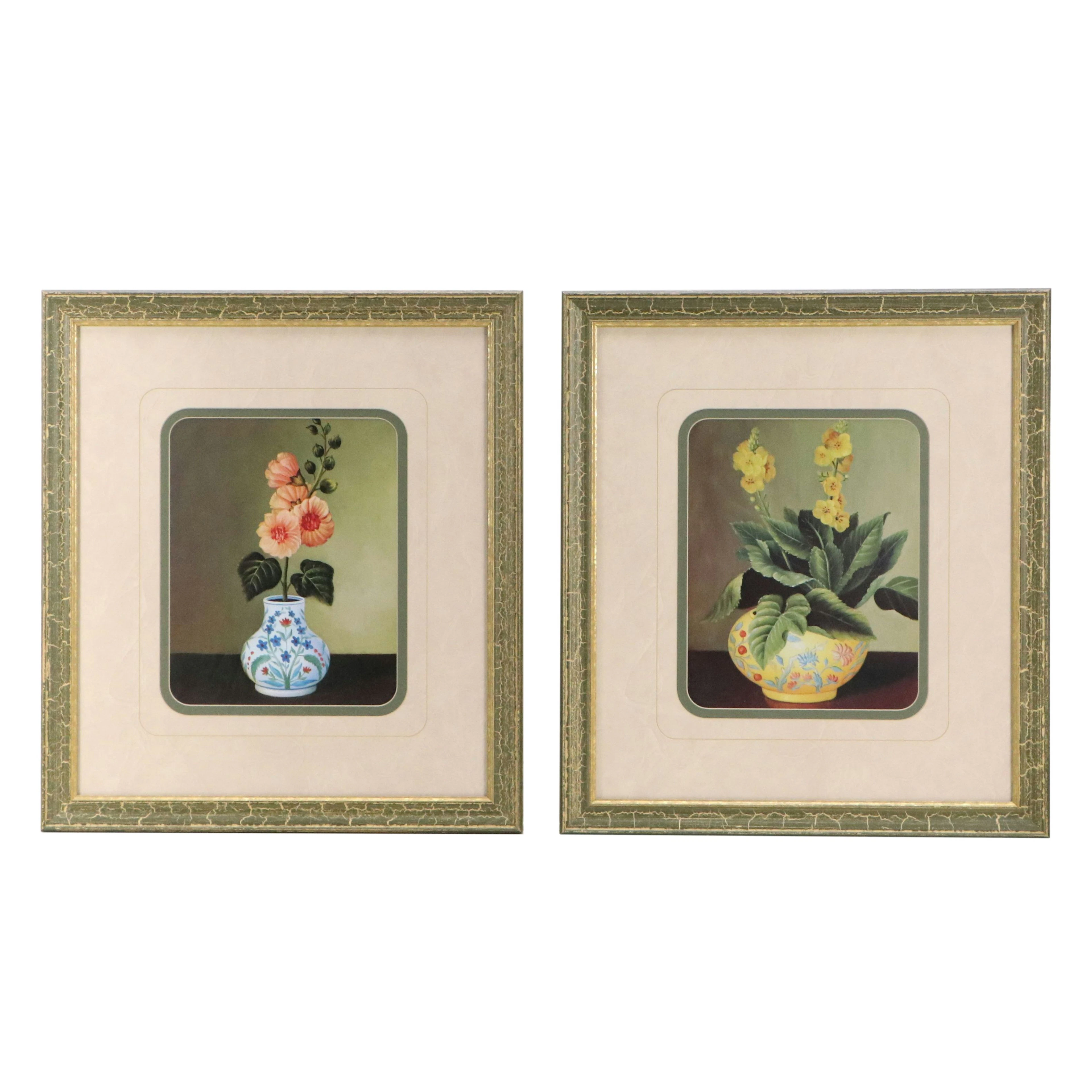 Pair of Floral Still Life Offset Lithograph Porcelain Studies