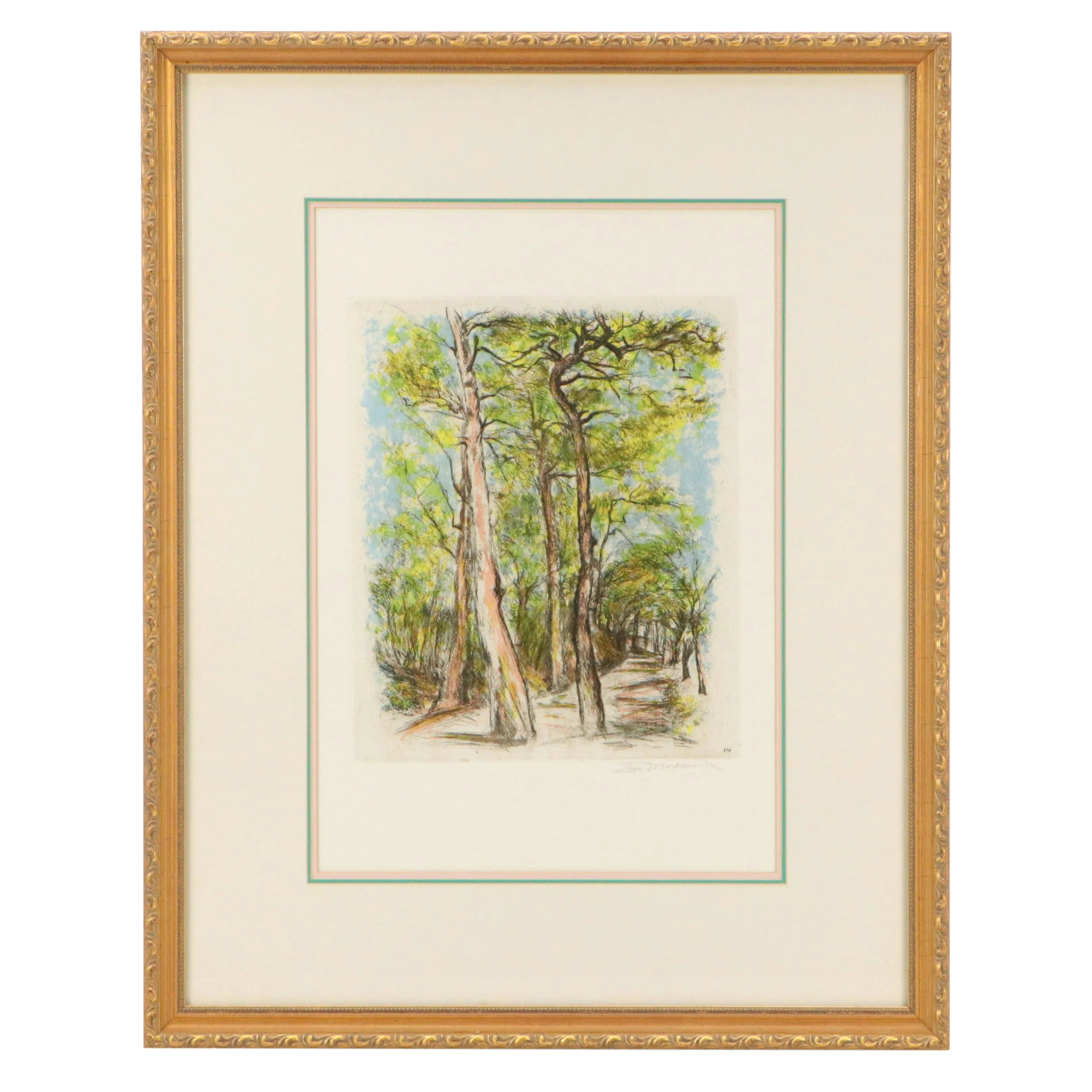 Ira Moskowitz Etching à la Poupée of Forest Landscape, 20th Century