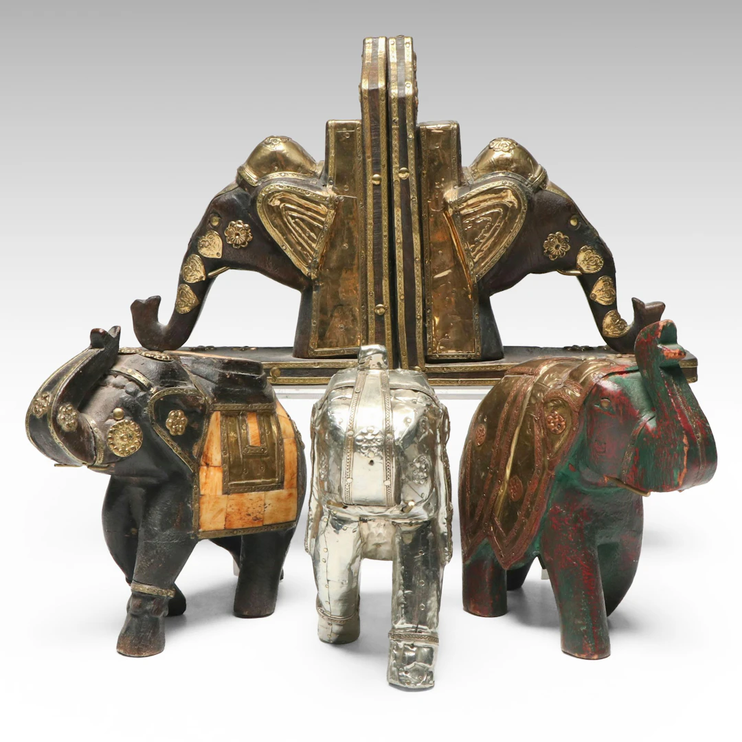 Indian Carved Wood with Brass, Tin and Bone Inlay Elephant Figurines
