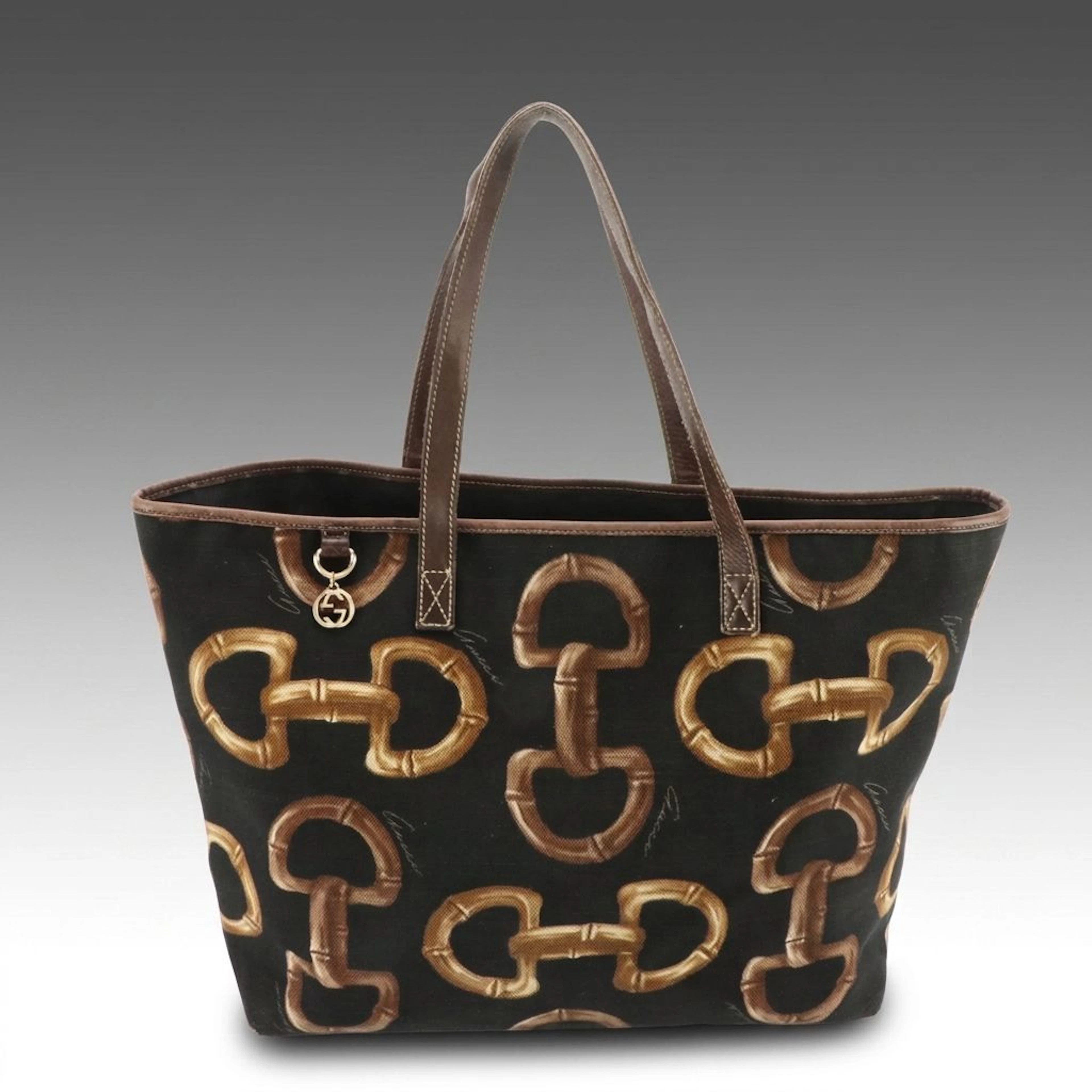 Gucci Horse Bit Print Canvas and Brown Leather Tote Bag