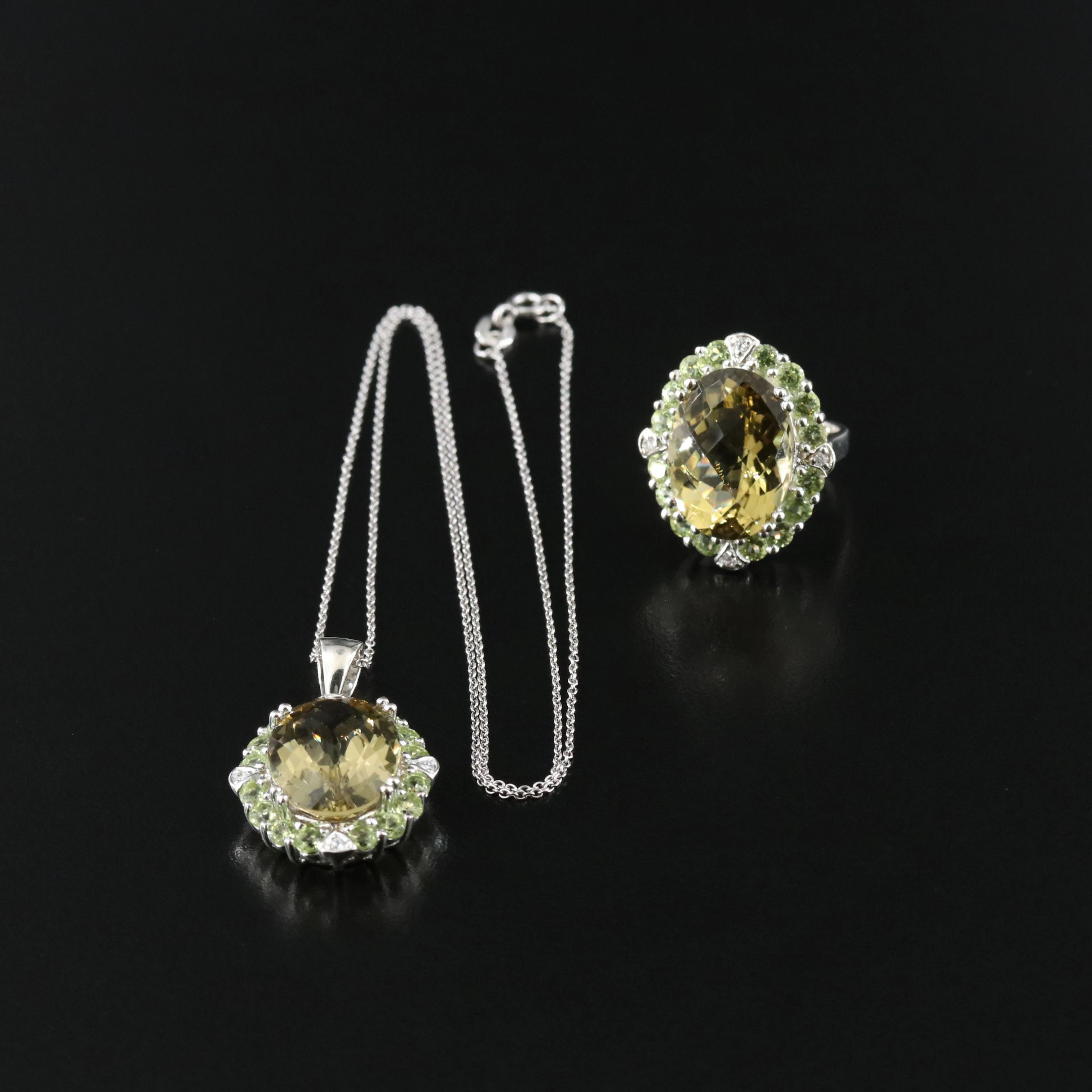 Sterling Citrine, Peridot, and CZ Necklace and Ring
