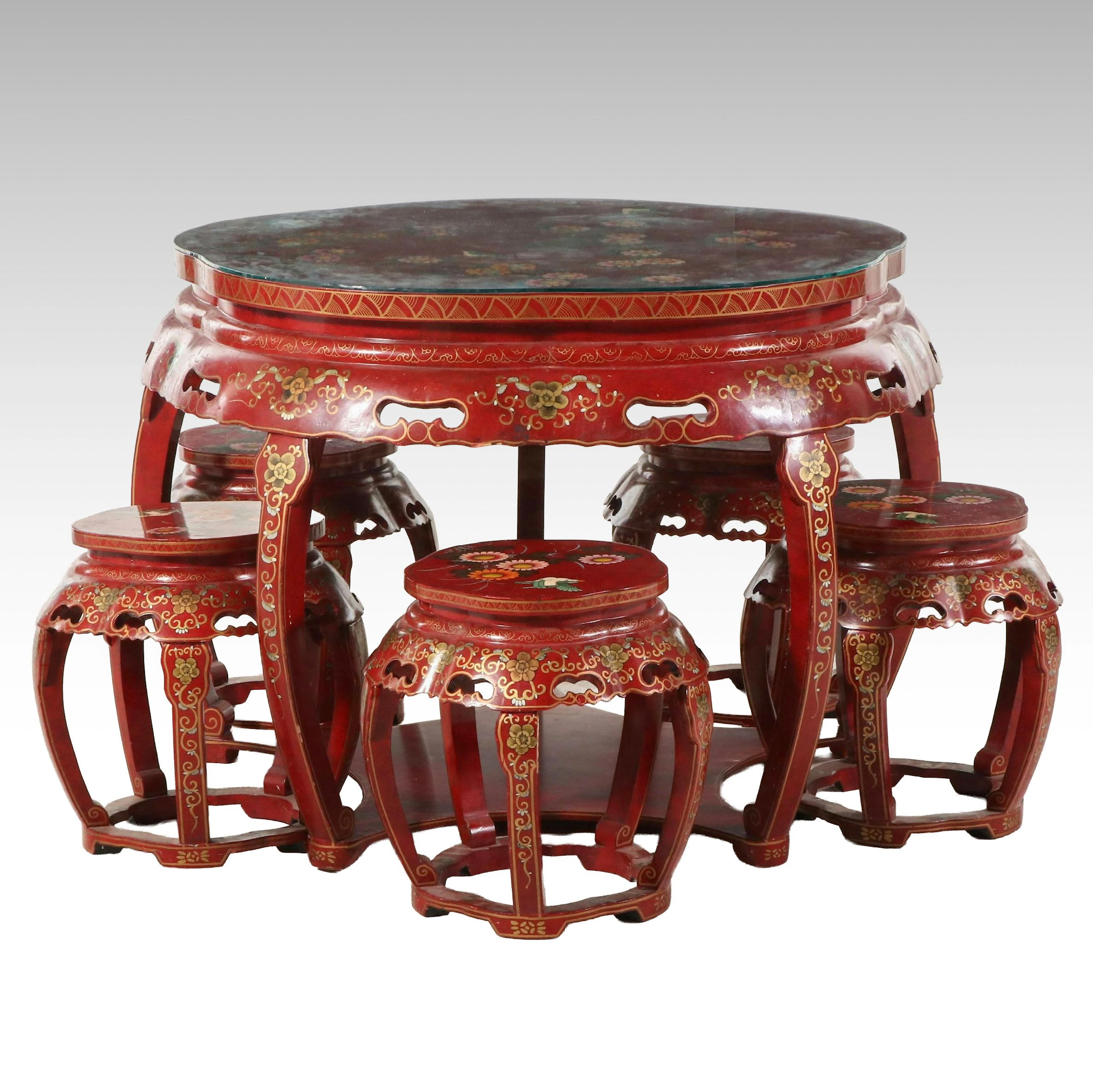Chinese Hand-Decorated Red Lacquered Dining Table and Five Stools