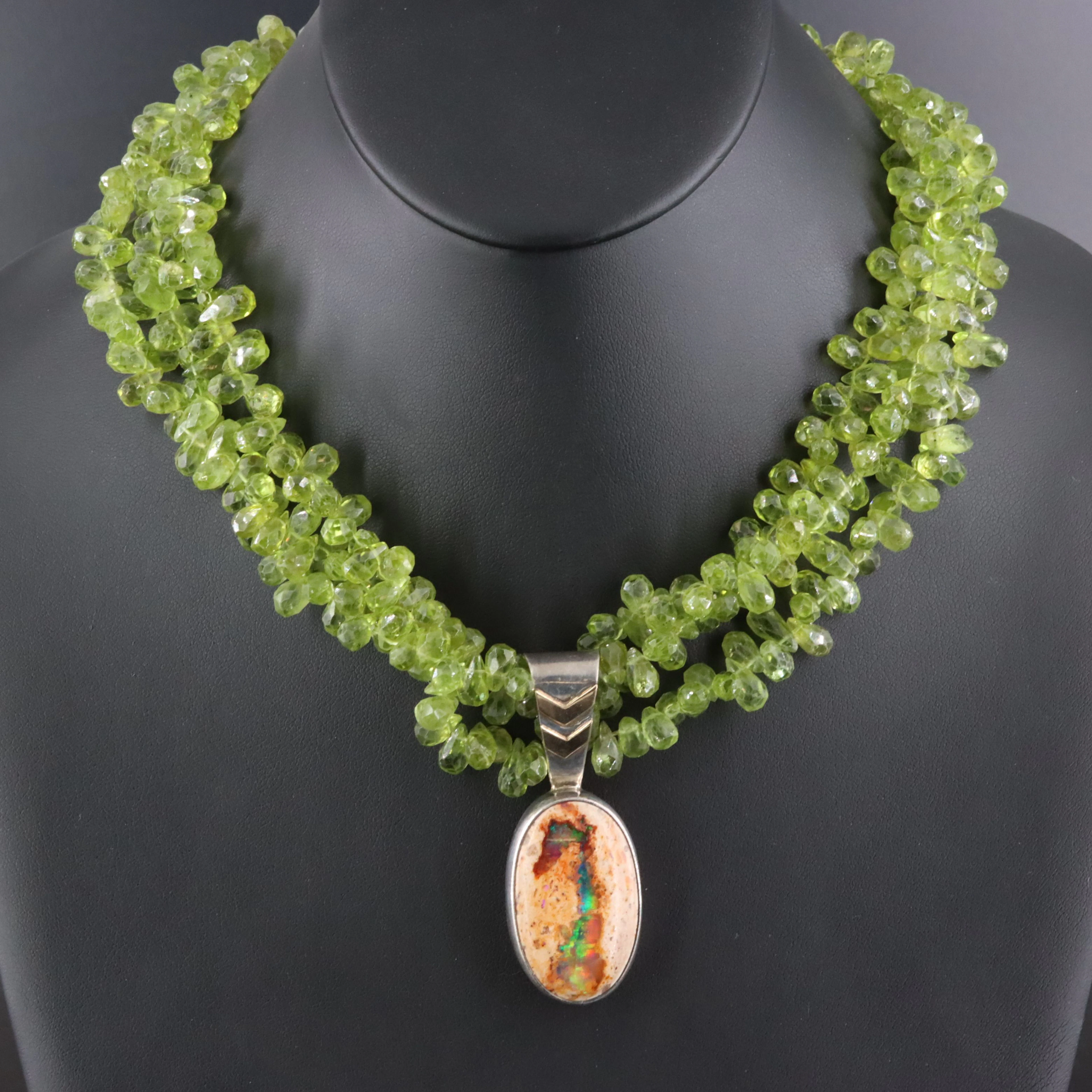 Echo of the Dreamer Sterling Peridot Torsade & Opal in Matrix Pendant Necklace