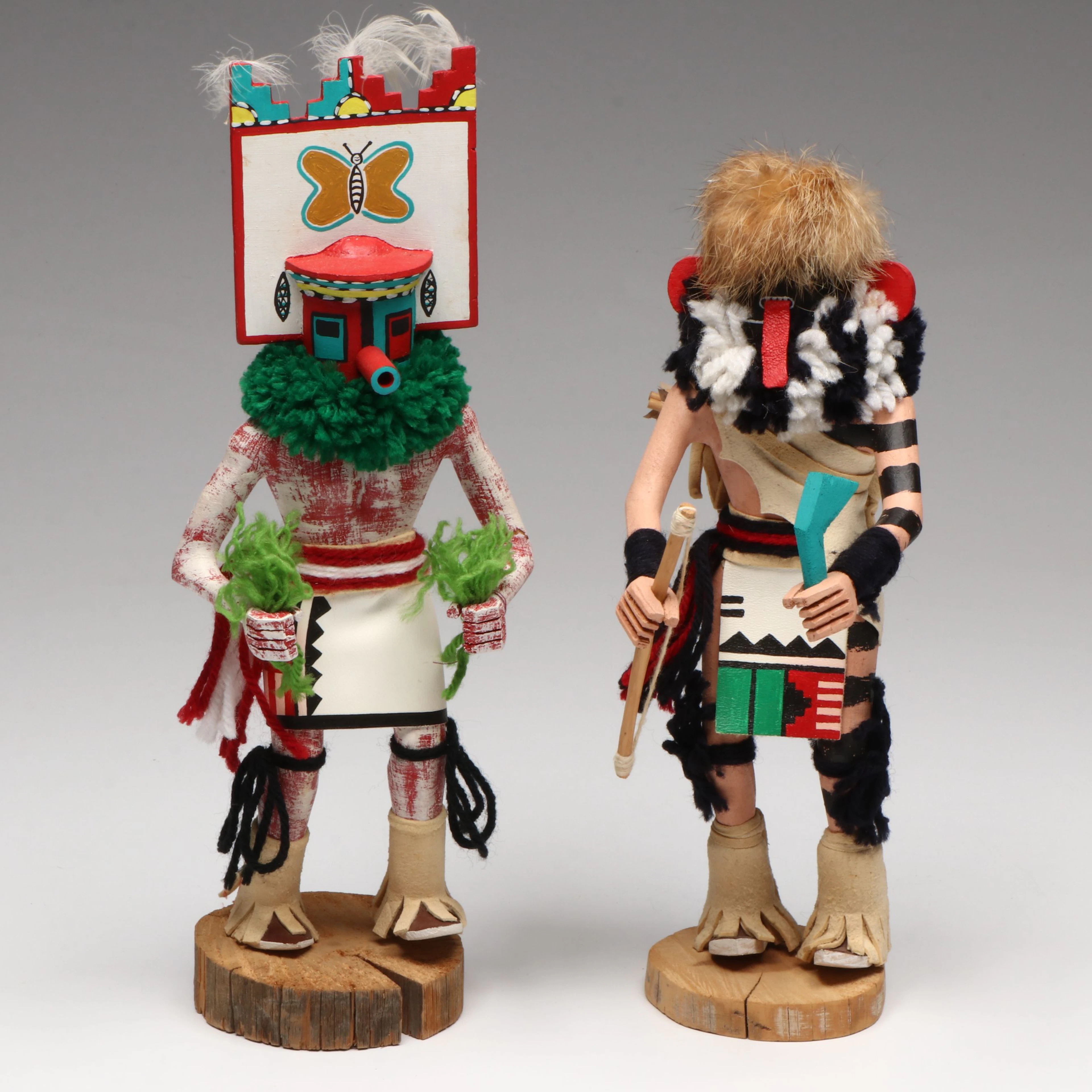 Handcrafted Hopi "Butterfly Maiden" and "Left Hand" Kachina Dolls, Late 20th C.