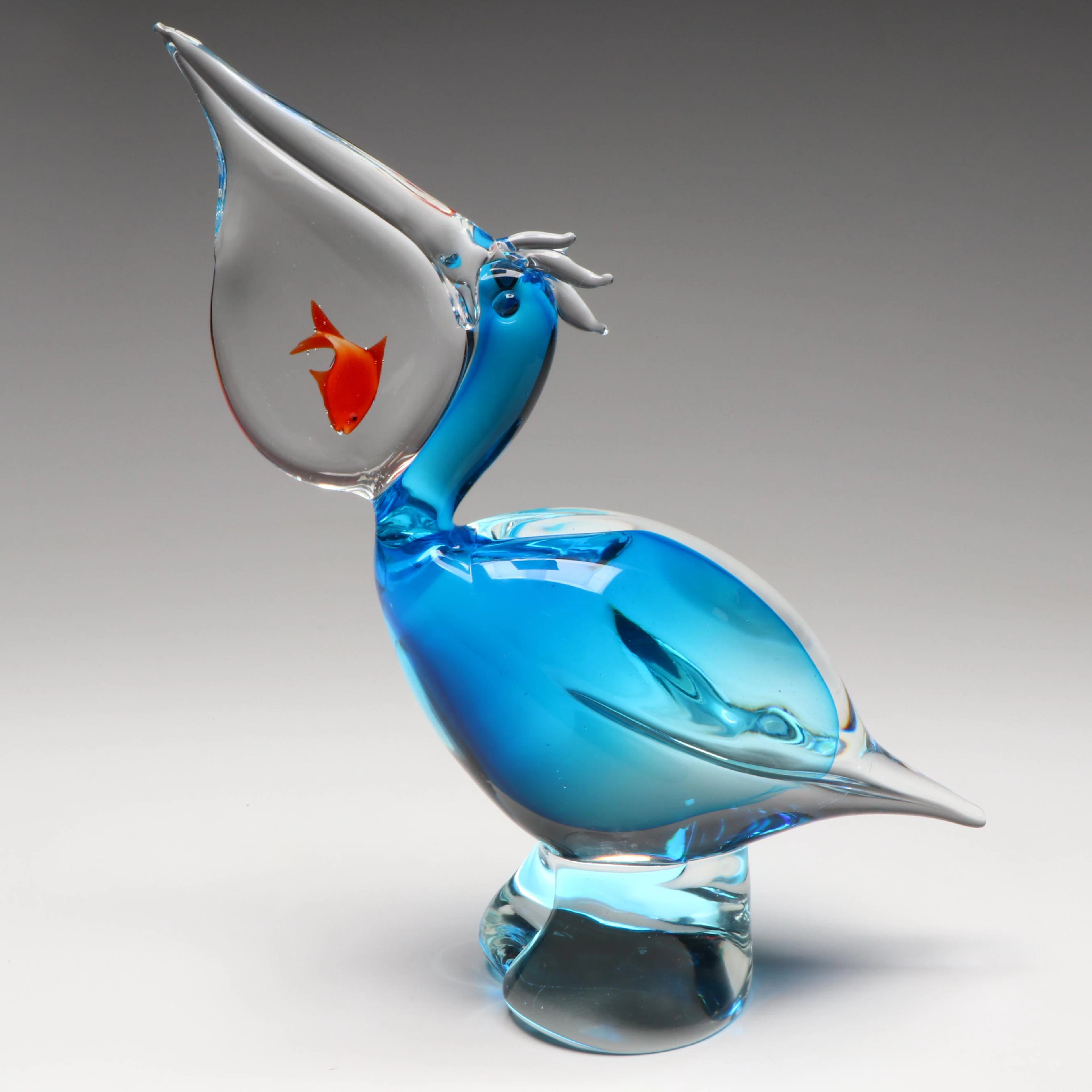 Murano Style Blown Art Glass Sommerso Pelican with Goldfish