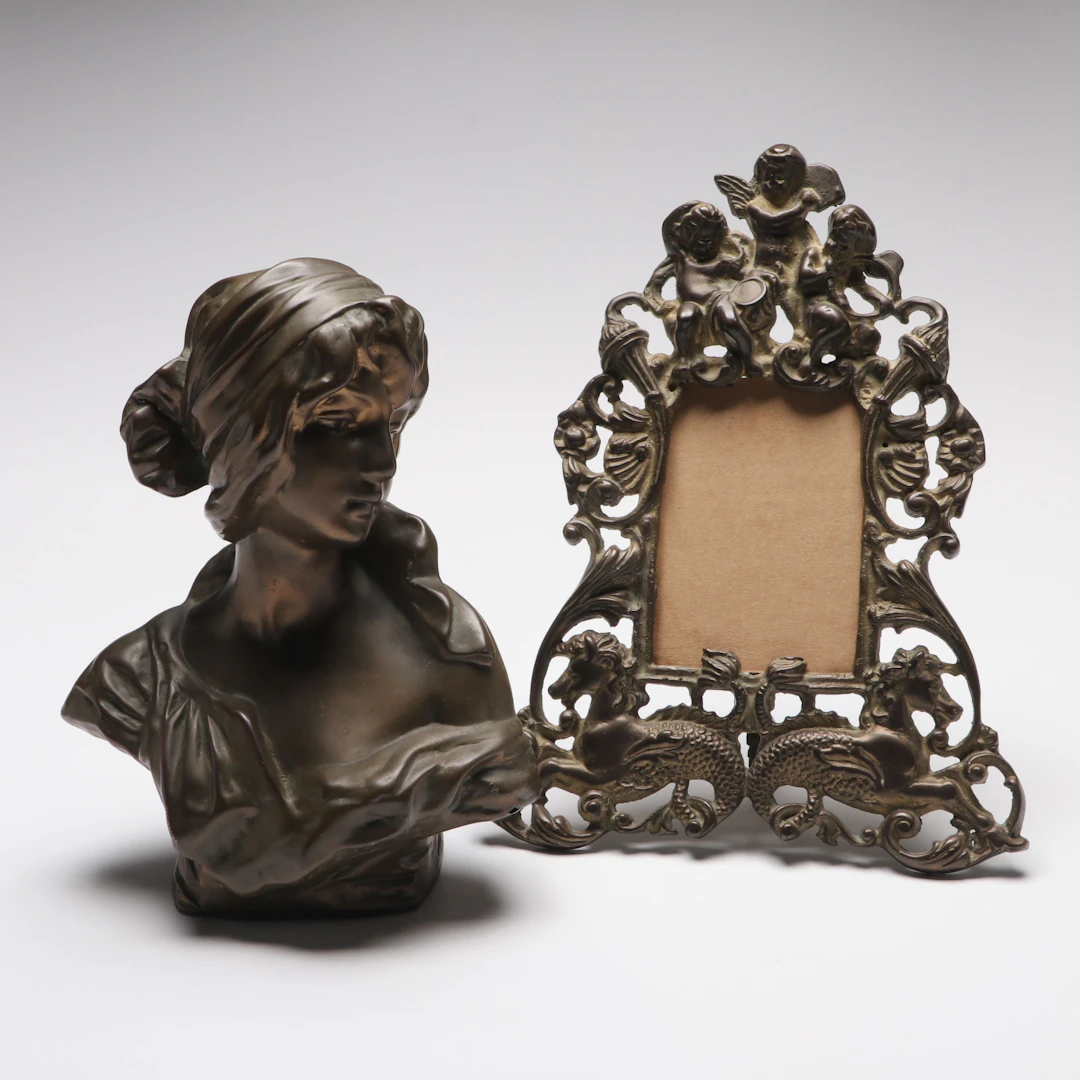 Victorian Cast Iron Picture Frame with Bronze Finish Bust of Woman