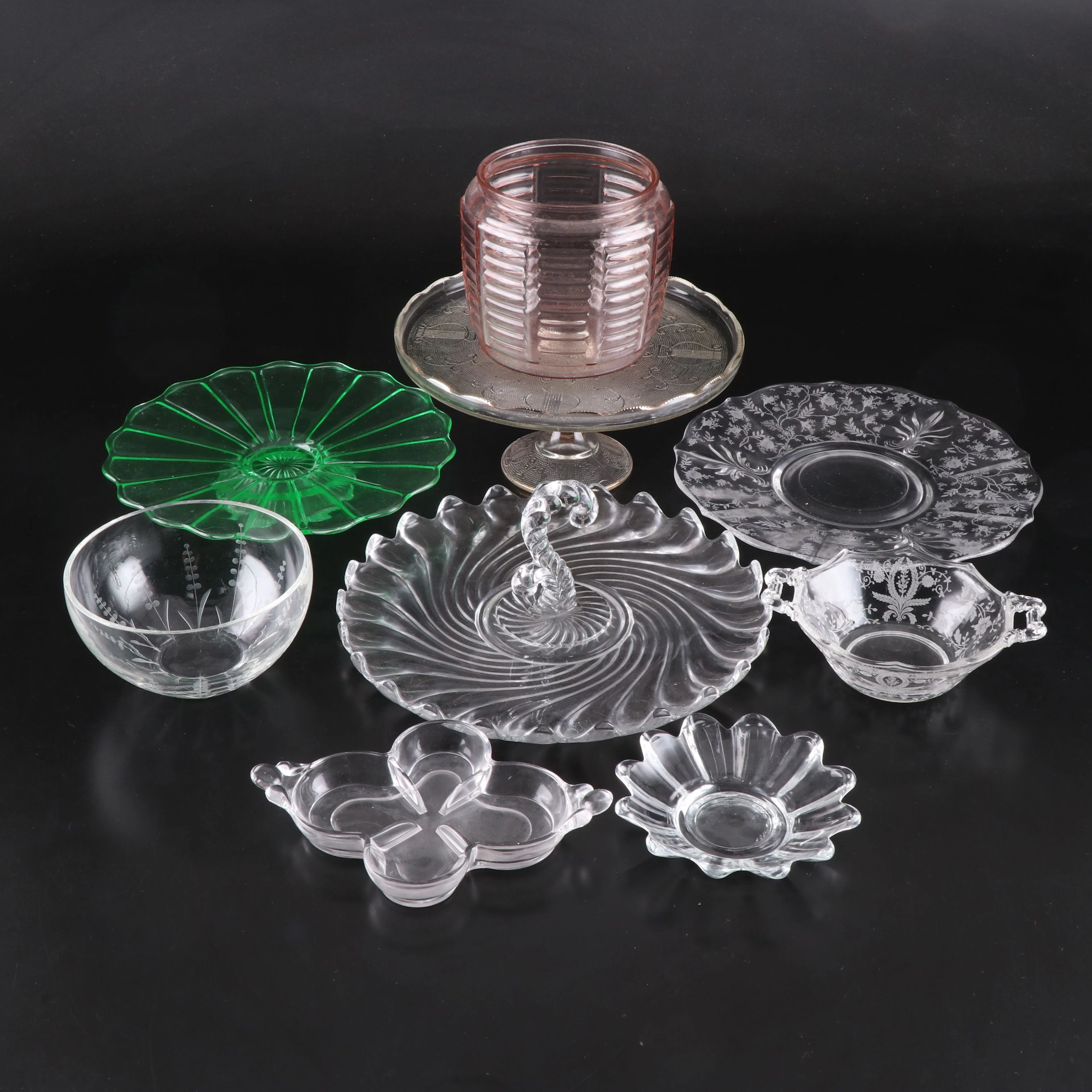 Imperial Glass "Lindburgh" Uranium Glass Cake Stand with More Vintage Glassware