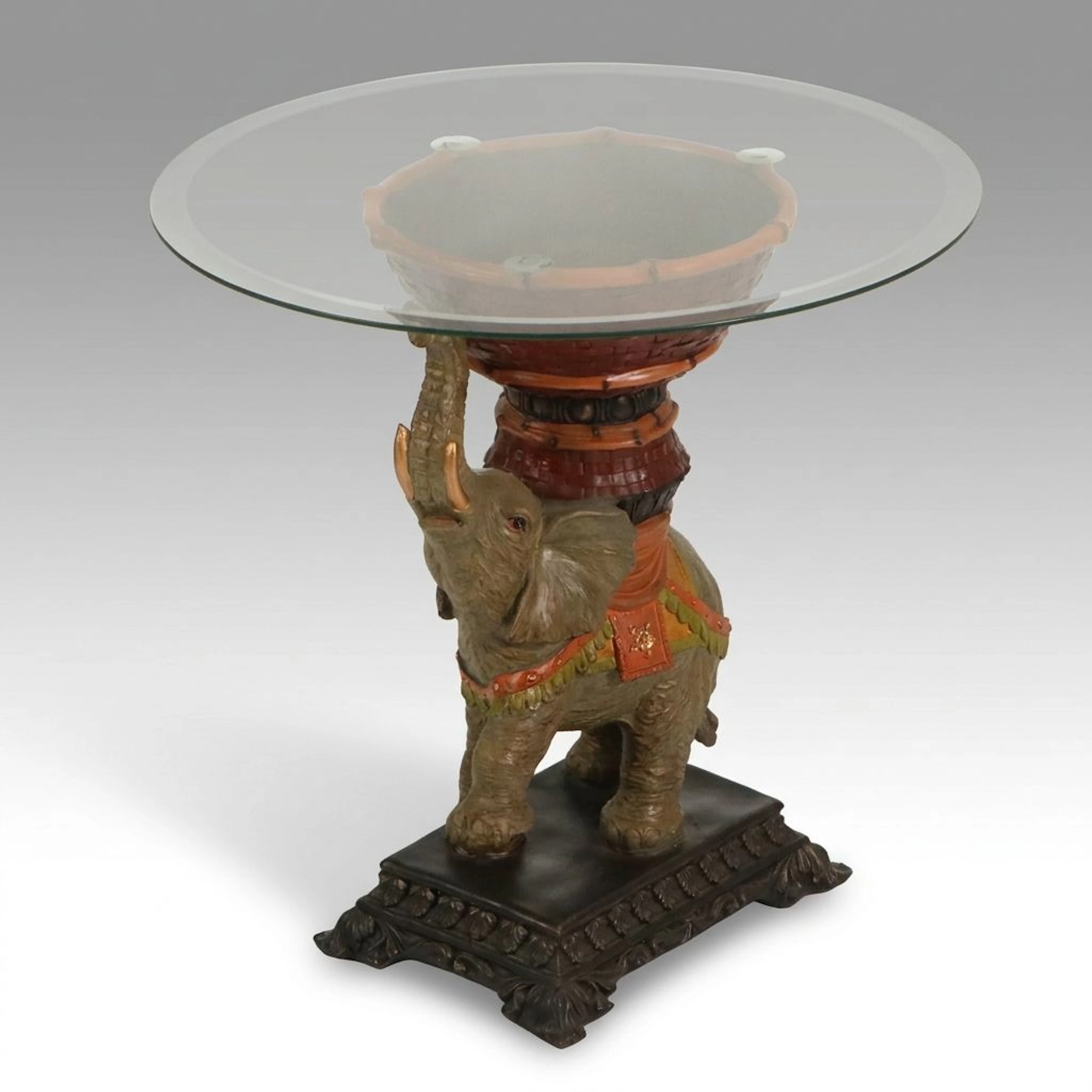Polychrome Composite Elephant Base Glass Top Accent Table, Late 20th Century