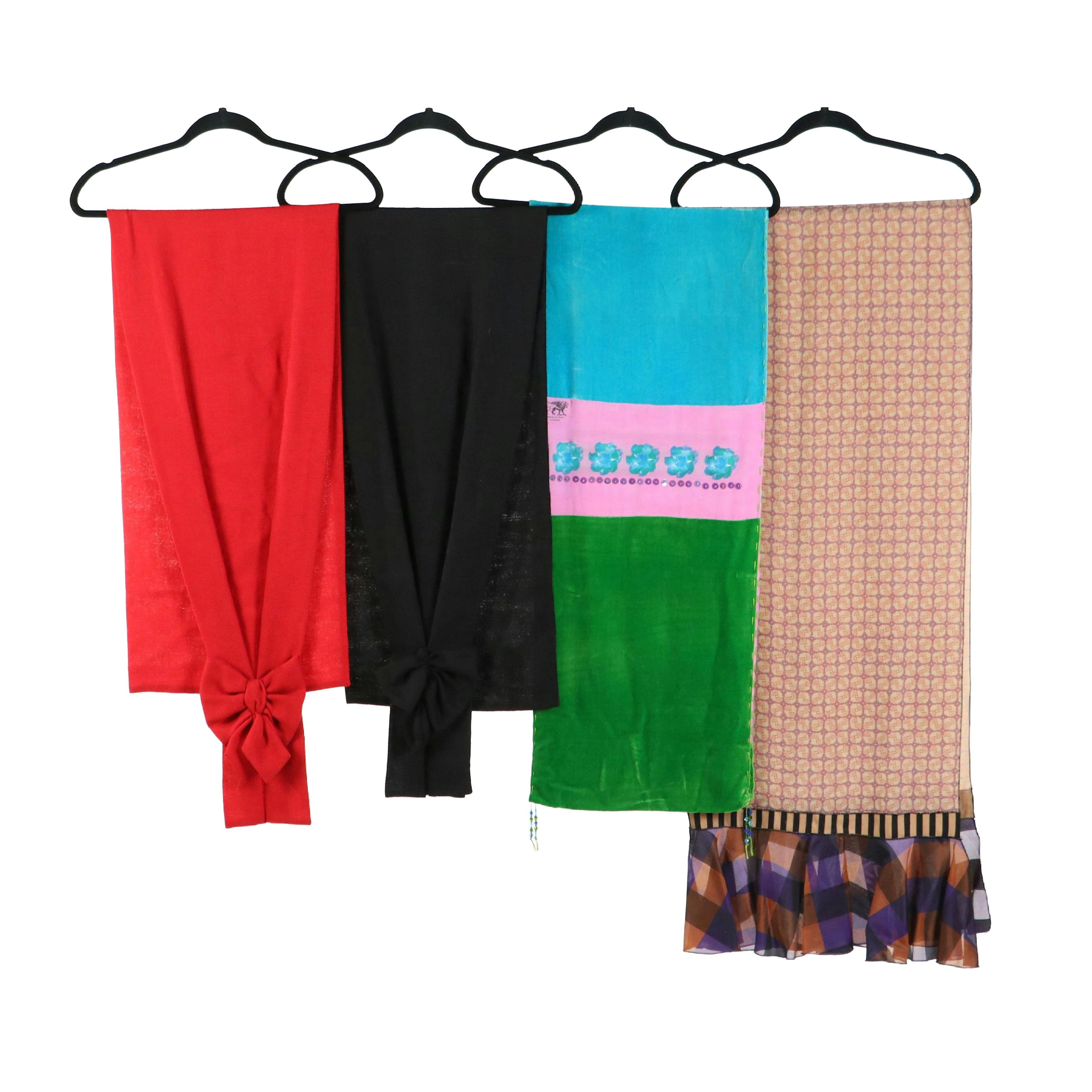 Reversible Velvet/Painted Silk Scarf, Mixed Textile Evening Wrap, Knit Scarves