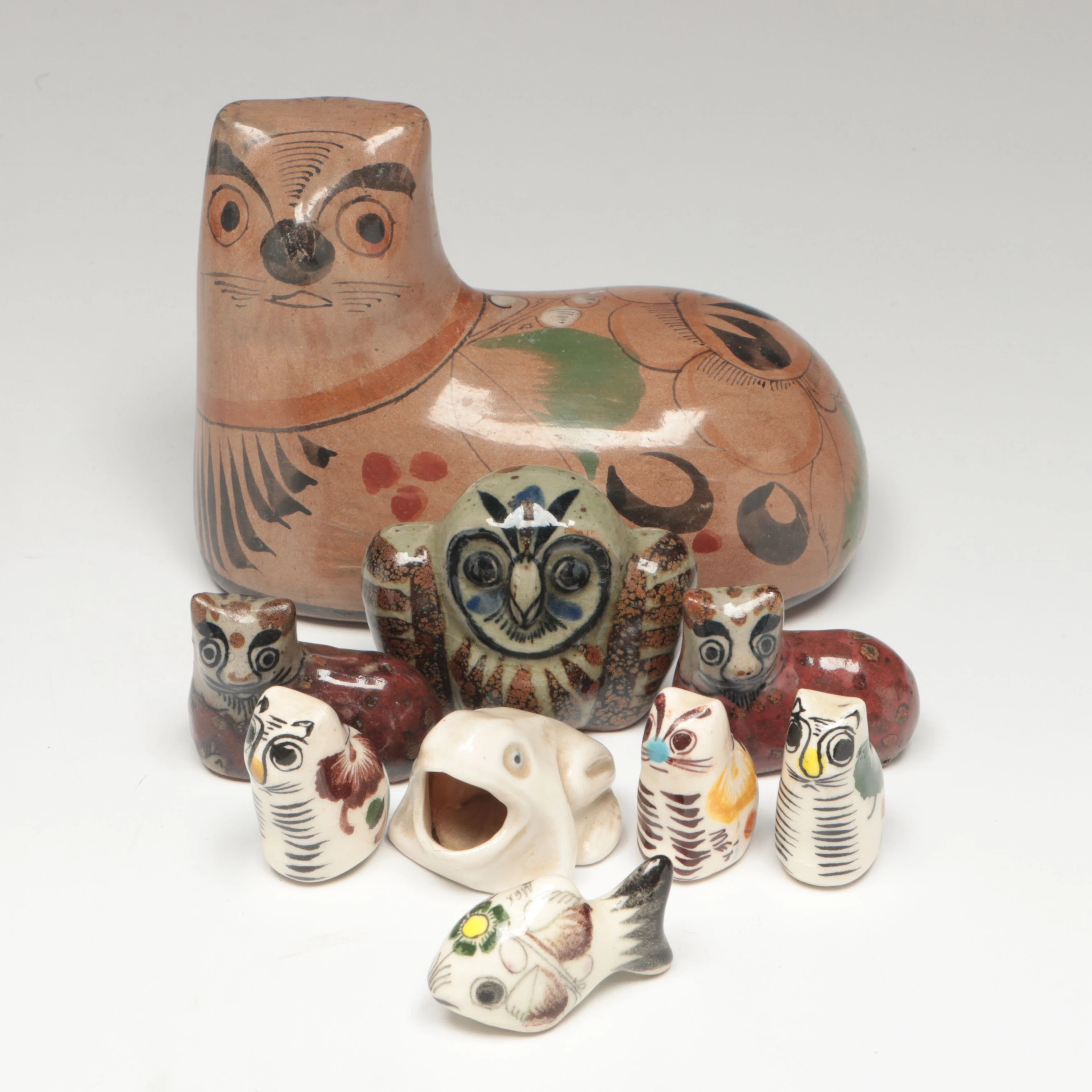 Mexican Tonala Folk Art Ceramic Cats, Owl, Fish and Frog Figurines