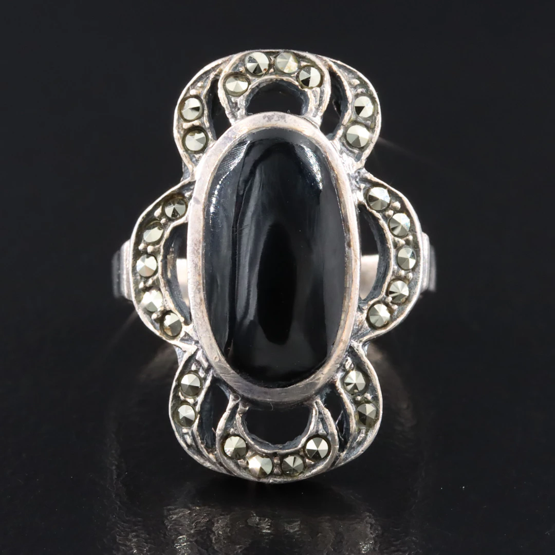 Sterling Black Onyx and Marcasite Ring