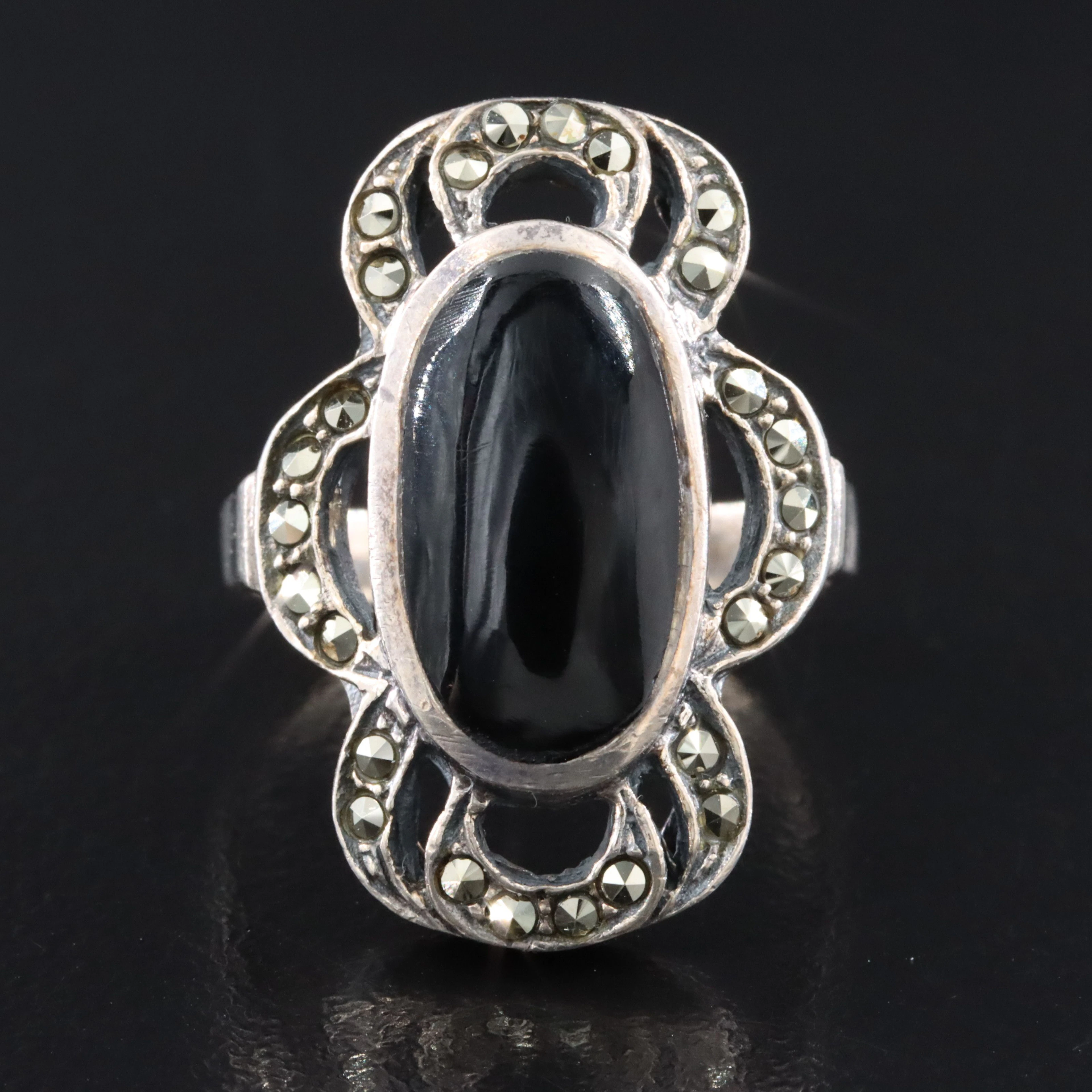 Sterling Black Onyx and Marcasite Ring