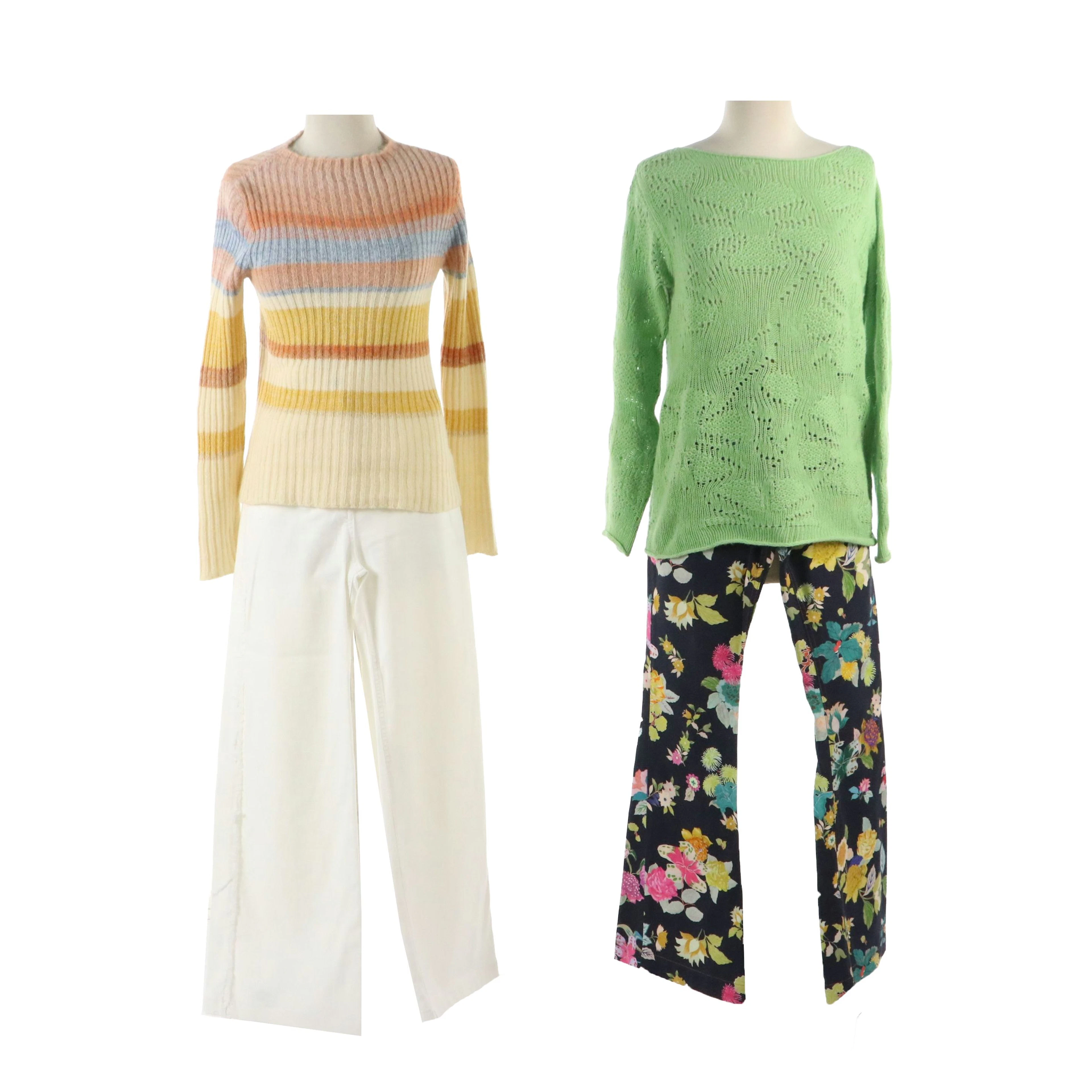 Etro Green Wool/Cashmere & Striped Alpaca Blend Sweaters W/ White