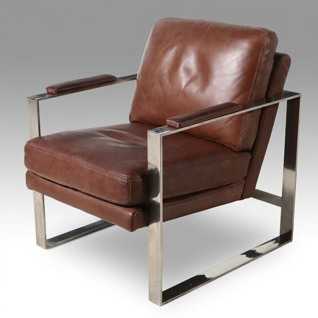 Mid Century Modern Style Chrome and Brown Leather Lounge Chair