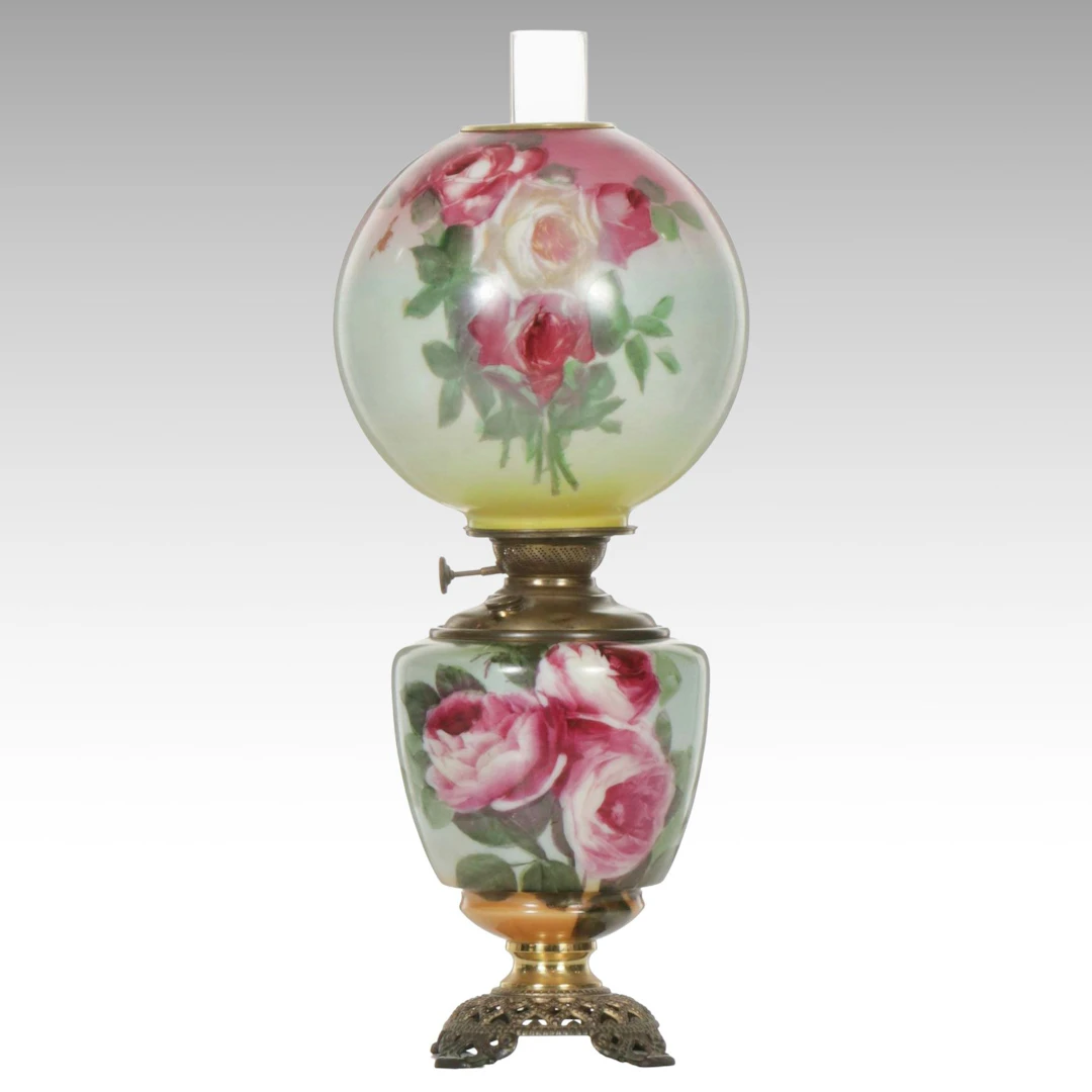 Victorian Pilabrasco Success Hand-Painted Roses Oil Parlor Lamp, Early 20th C