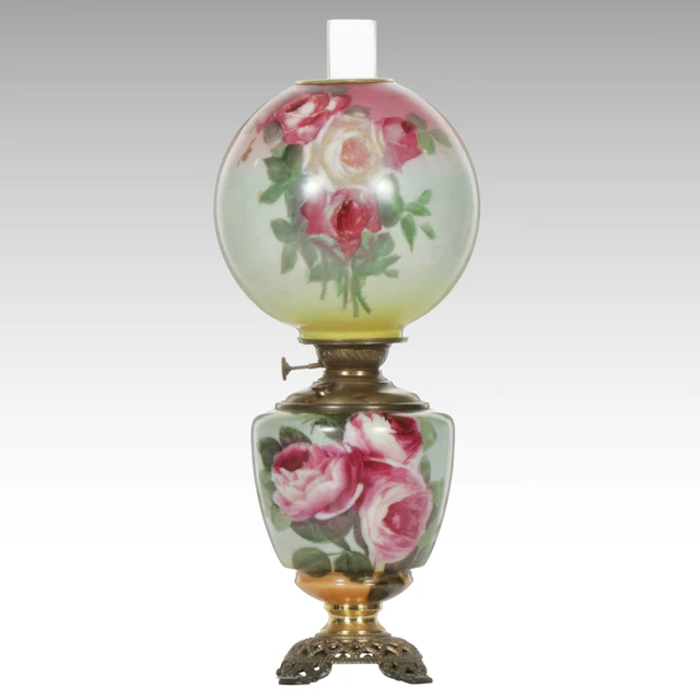 Victorian Pilabrasco Success Hand-Painted Roses Oil Parlor Lamp, Early 20th C