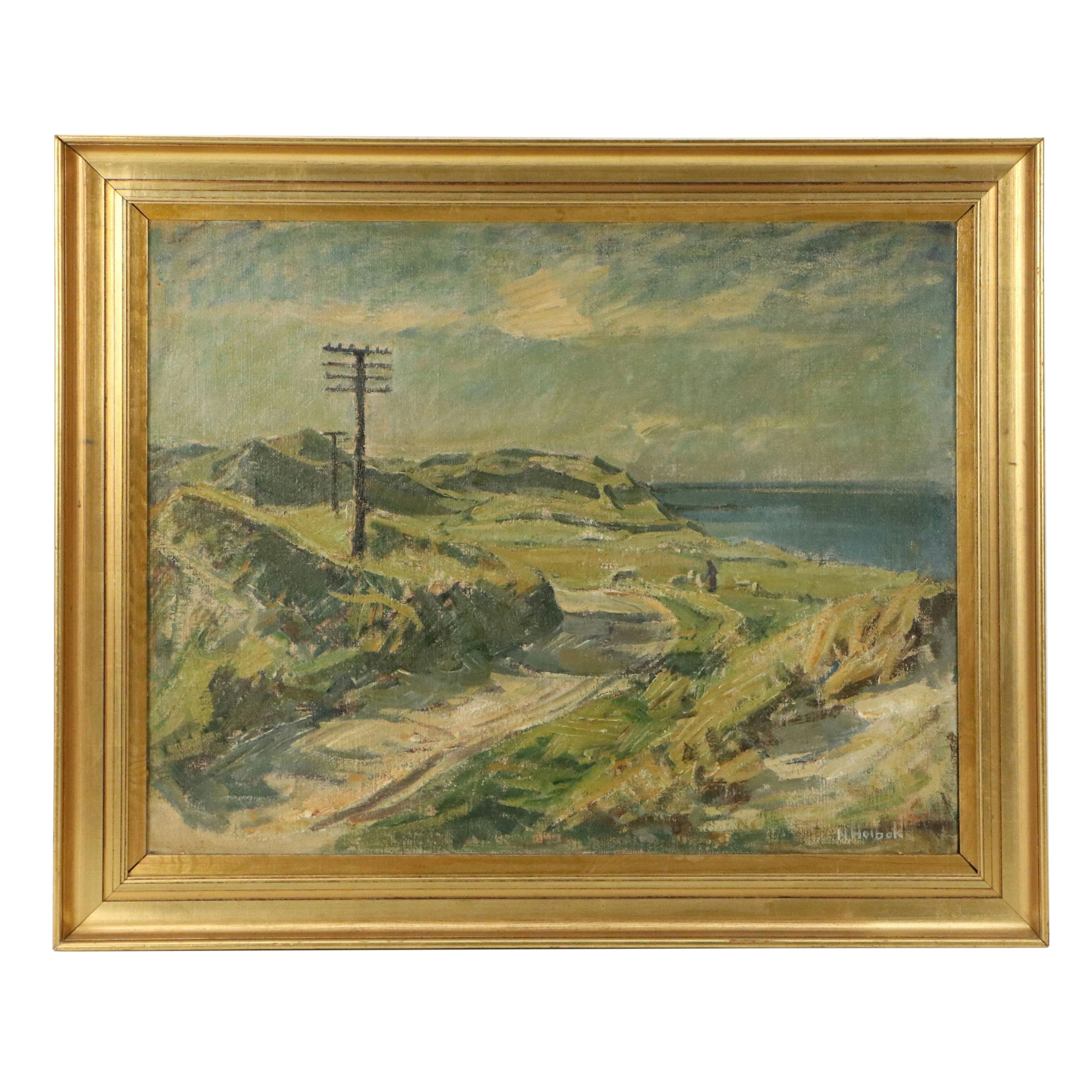 Niels Holbak American School Oil Painting of Coastal Landscape
