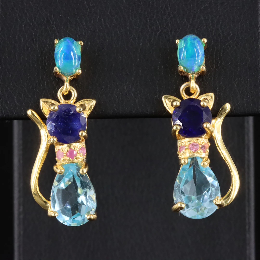 Sterling Cat Earrings Featuring Blue Topaz, Opal and Ruby