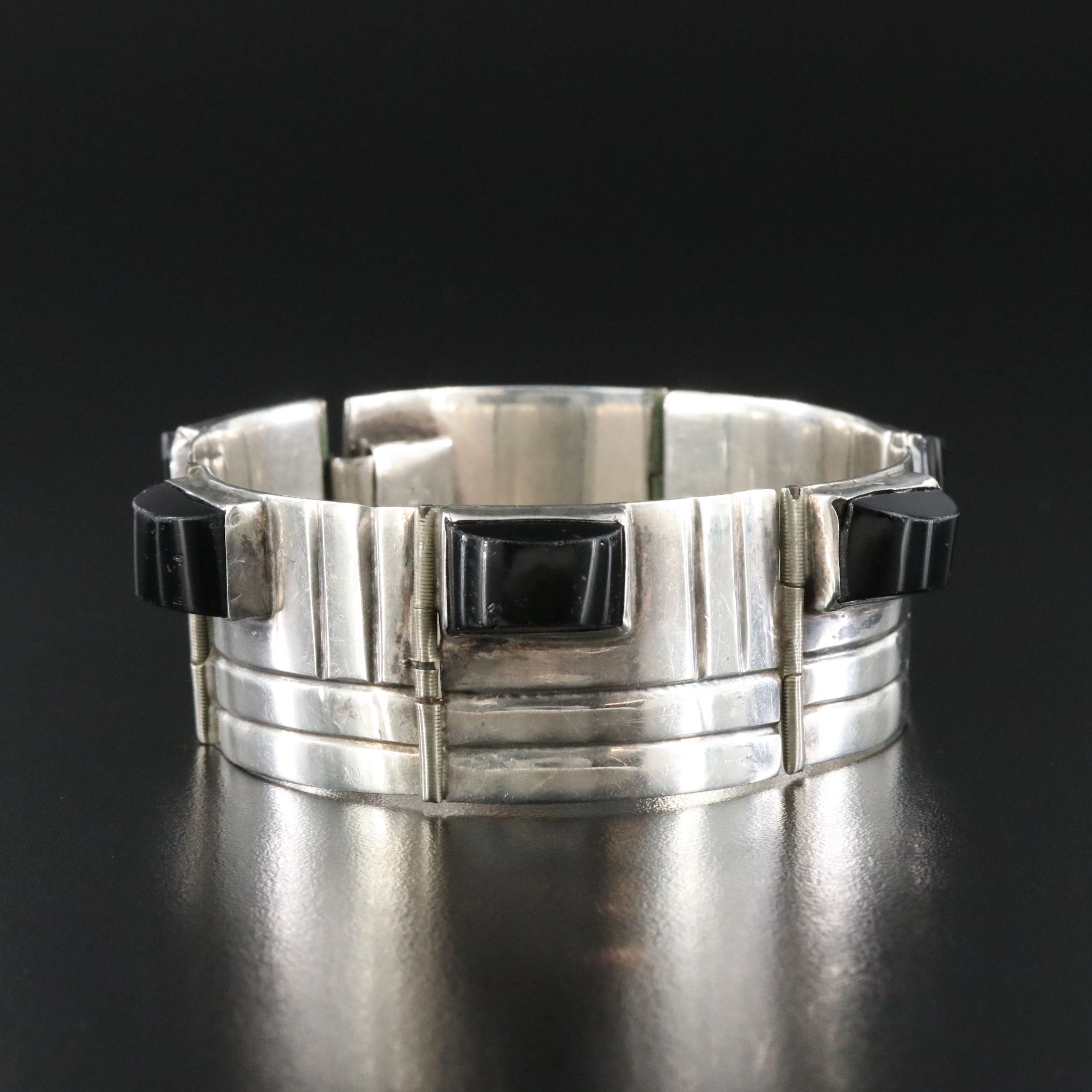 Mexican Sterling Obsidian Panel Bracelet