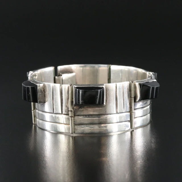 Mexican Sterling Obsidian Panel Bracelet