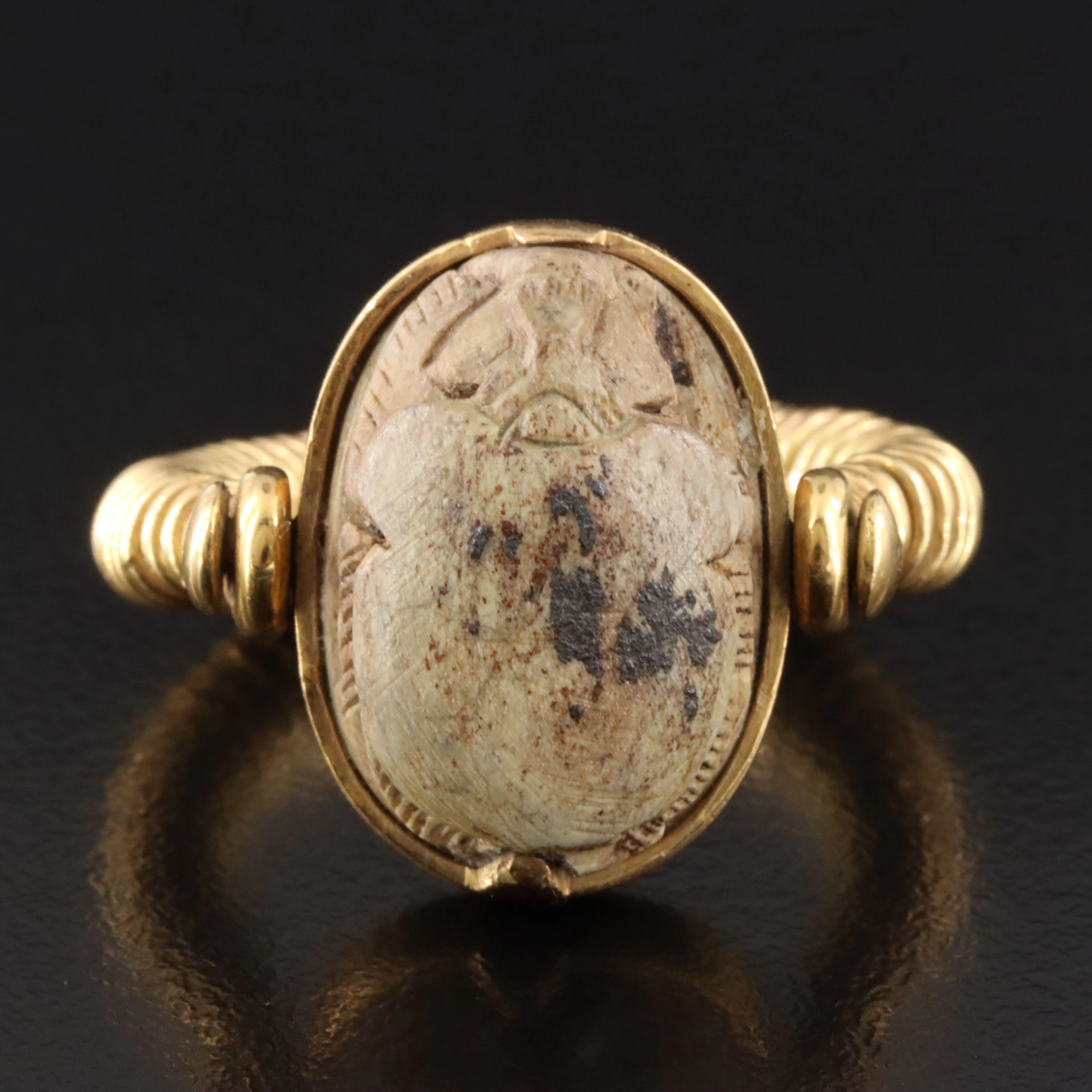 Egyptian Revival 18K Faience Scarab Bead Ring