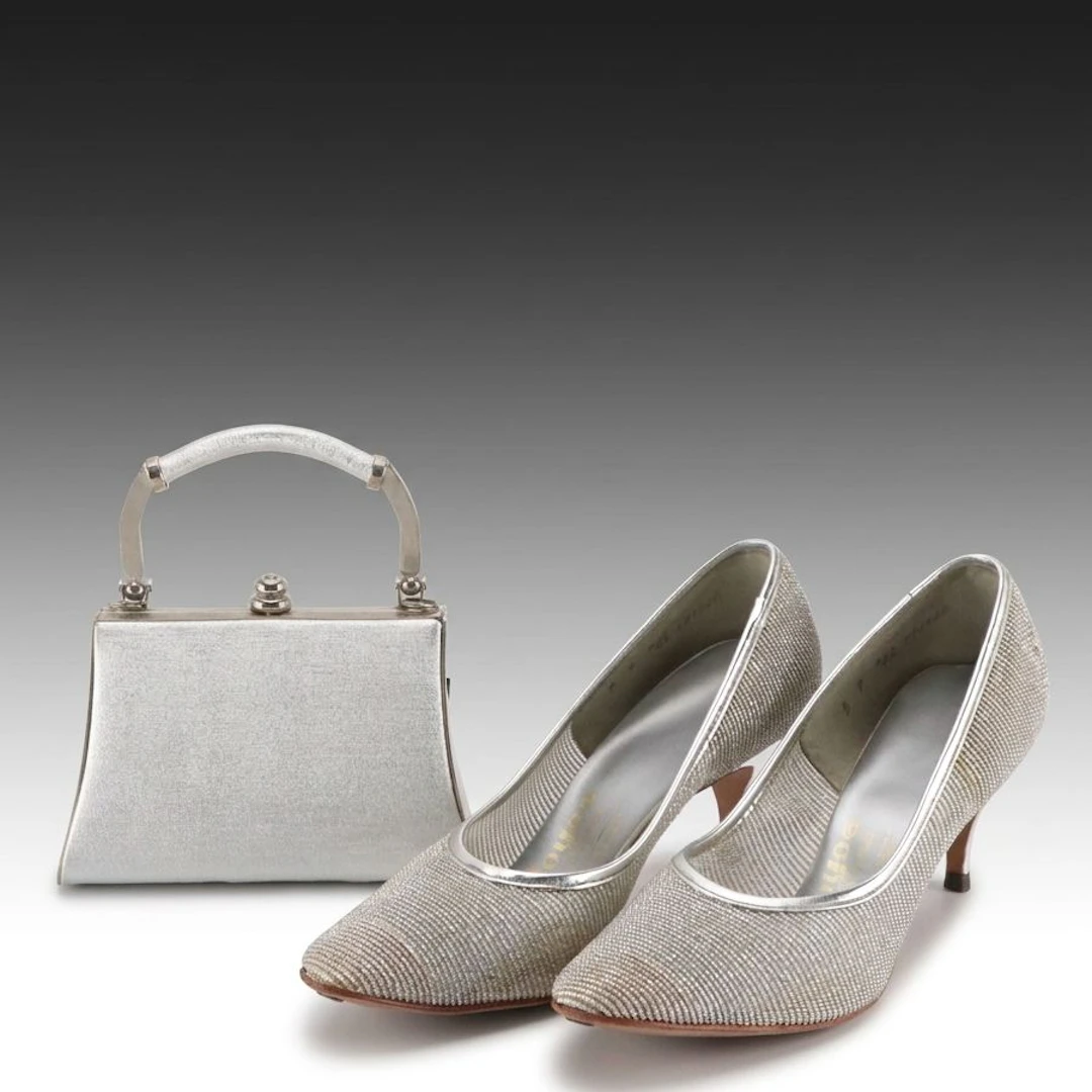 Joyce California Vintage Silver Metallic Mesh Pumps, Other Metal Evening Bag