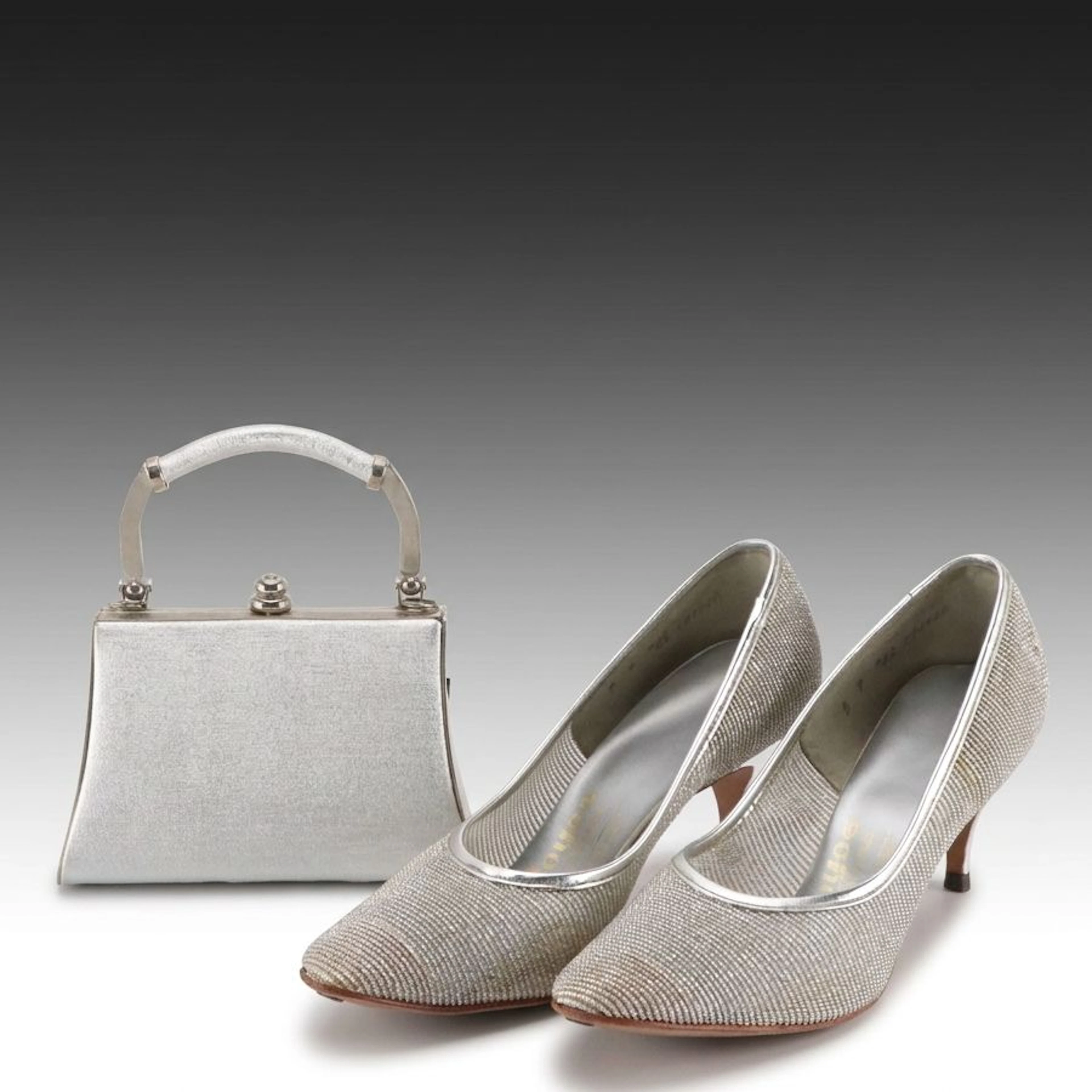 Joyce California Vintage Silver Metallic Mesh Pumps, Other Metal Evening Bag