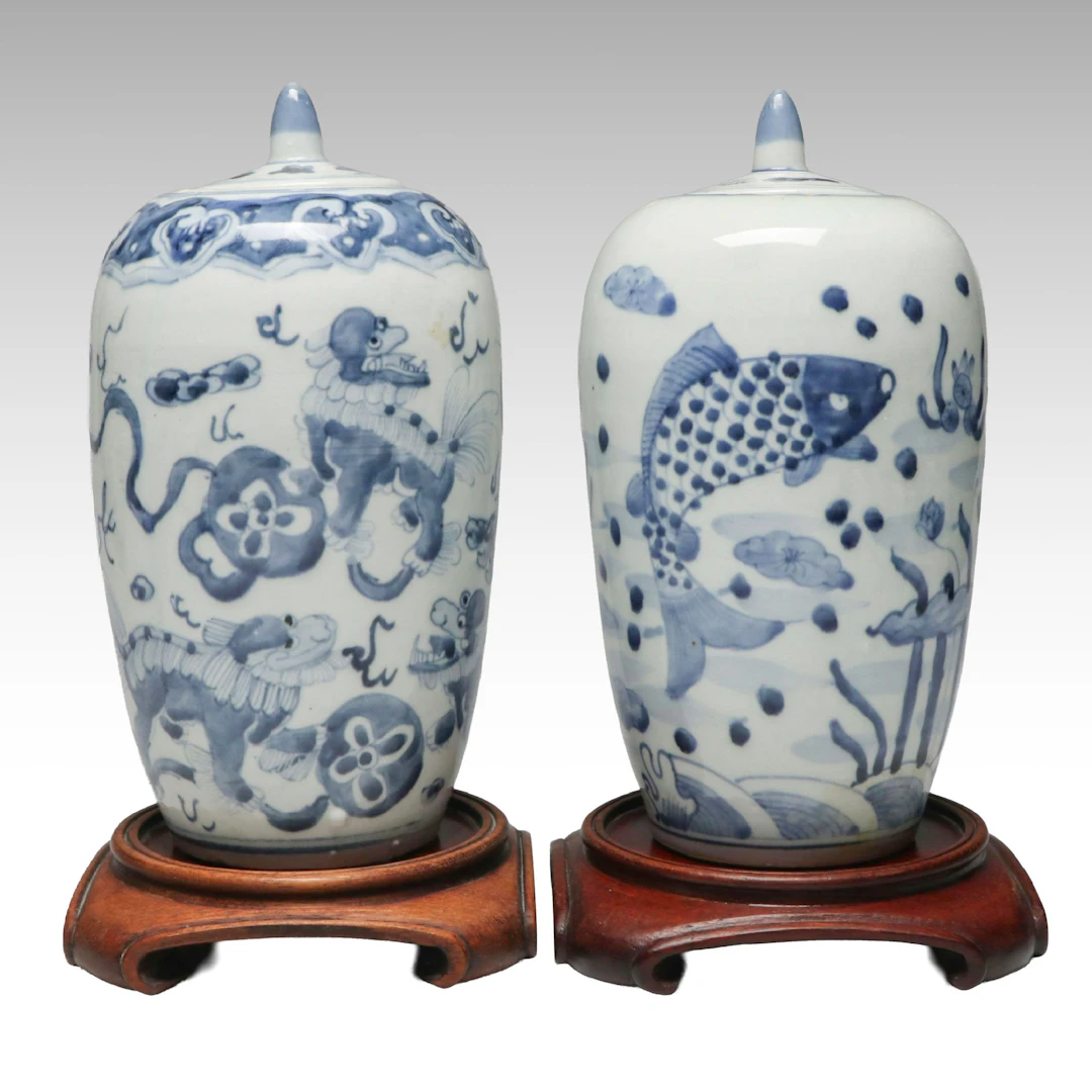 East Asian Style Porcelain Dragon Ginger Jars with Wood Stands